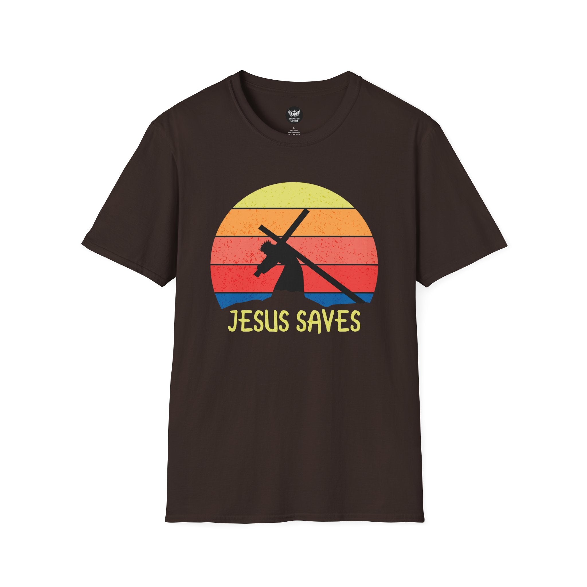 Jesus Saves Tee — Retro Sunset Cross Silhouette Christian T-Shirt