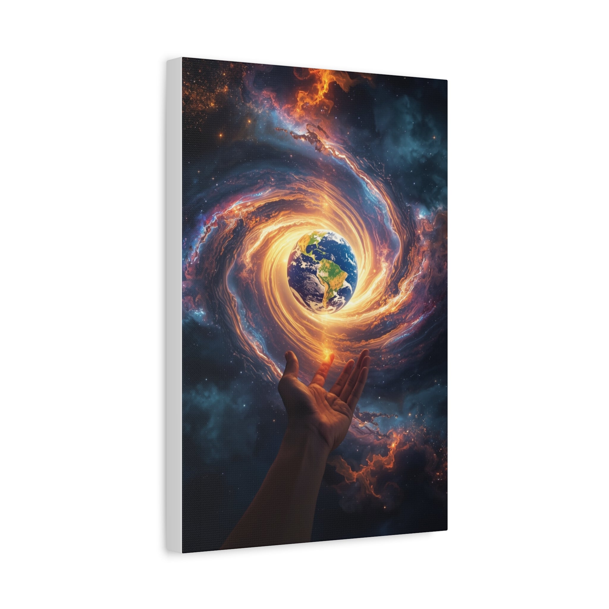 Cosmic Hands Earth Art Canvas — Surreal Galaxy Wall Decor