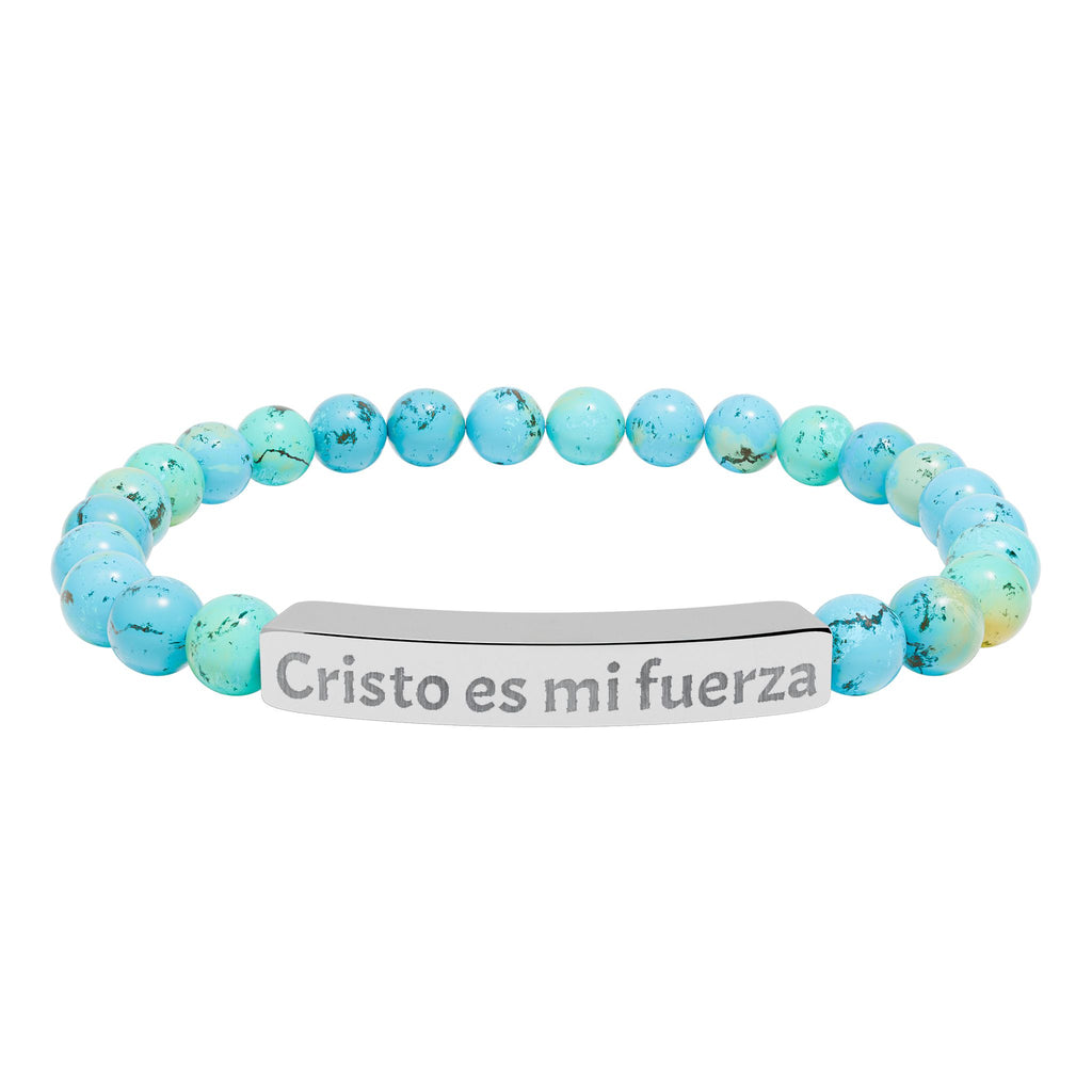 Pulsera elástica de piedra natural grabada — "Cristo es mi fuerza"