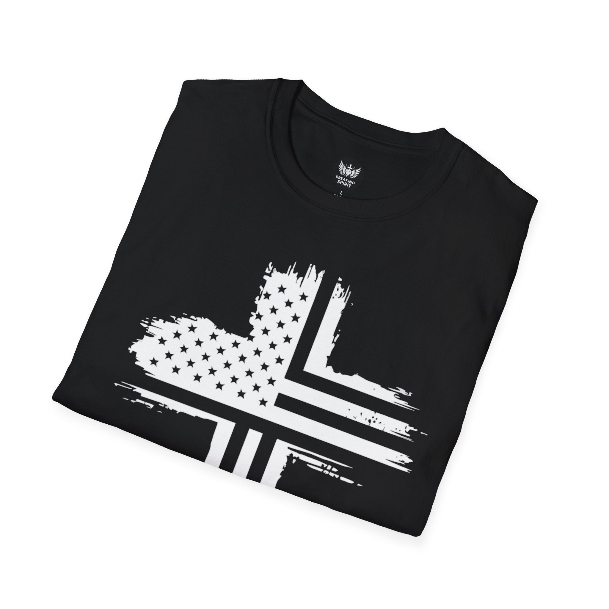 Patriotic Cross T-Shirt — Distressed American Flag Christian Tee