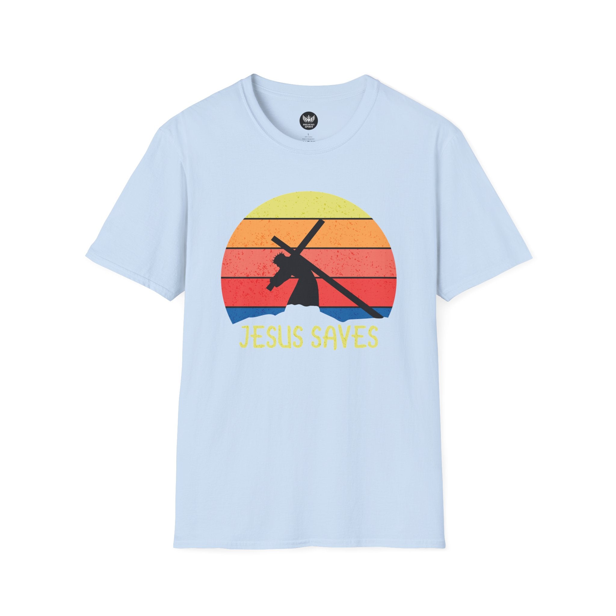 Jesus Saves Tee — Retro Sunset Cross Silhouette Christian T-Shirt