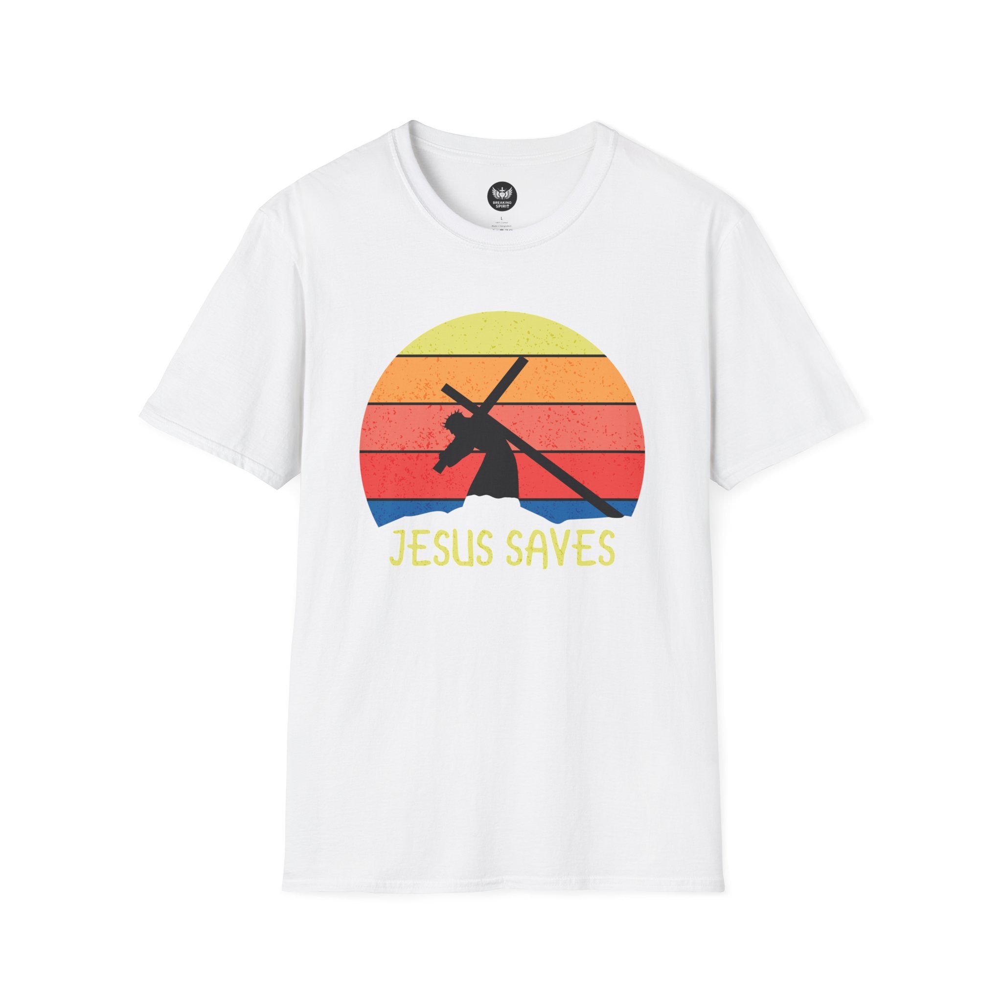 Jesus Saves Tee — Retro Sunset Cross Silhouette Christian T-Shirt