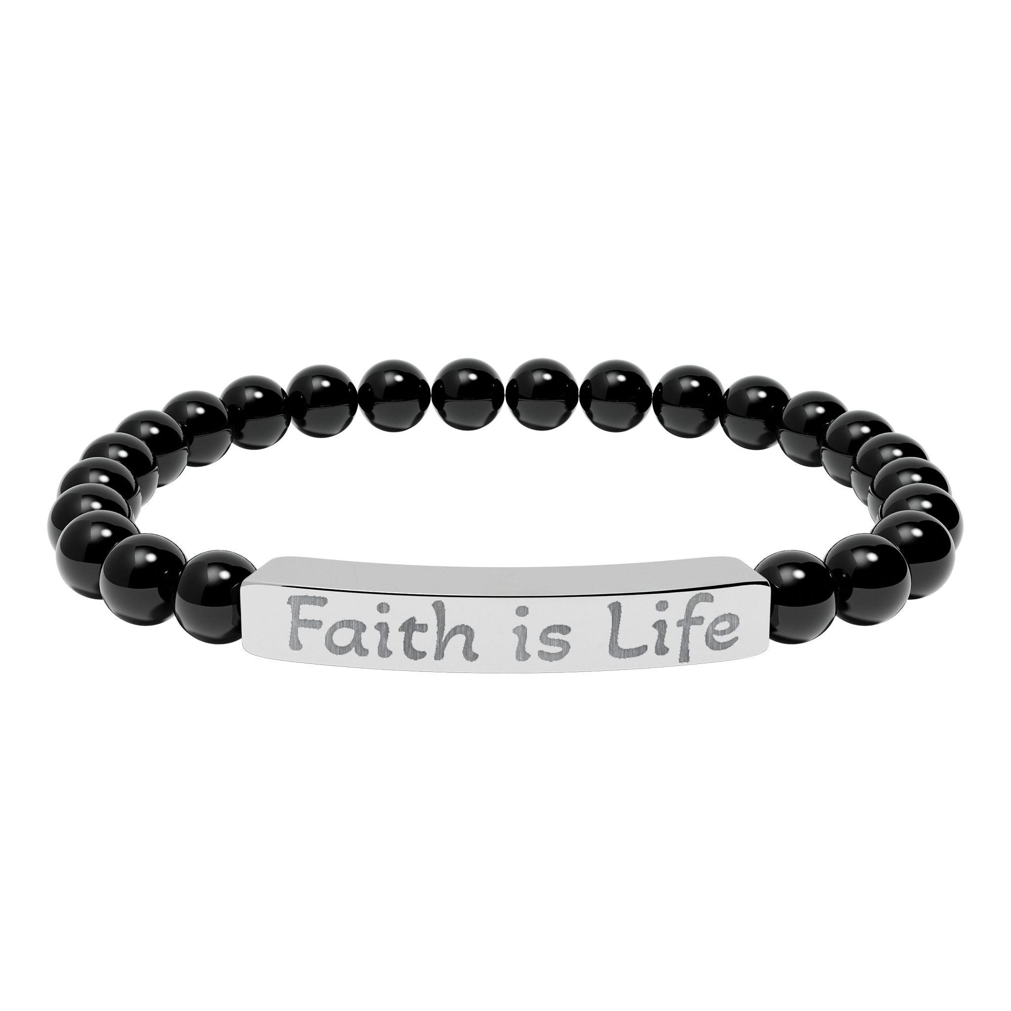 Faith is Life natural stone stretch bracelet | engraved bar bracelet