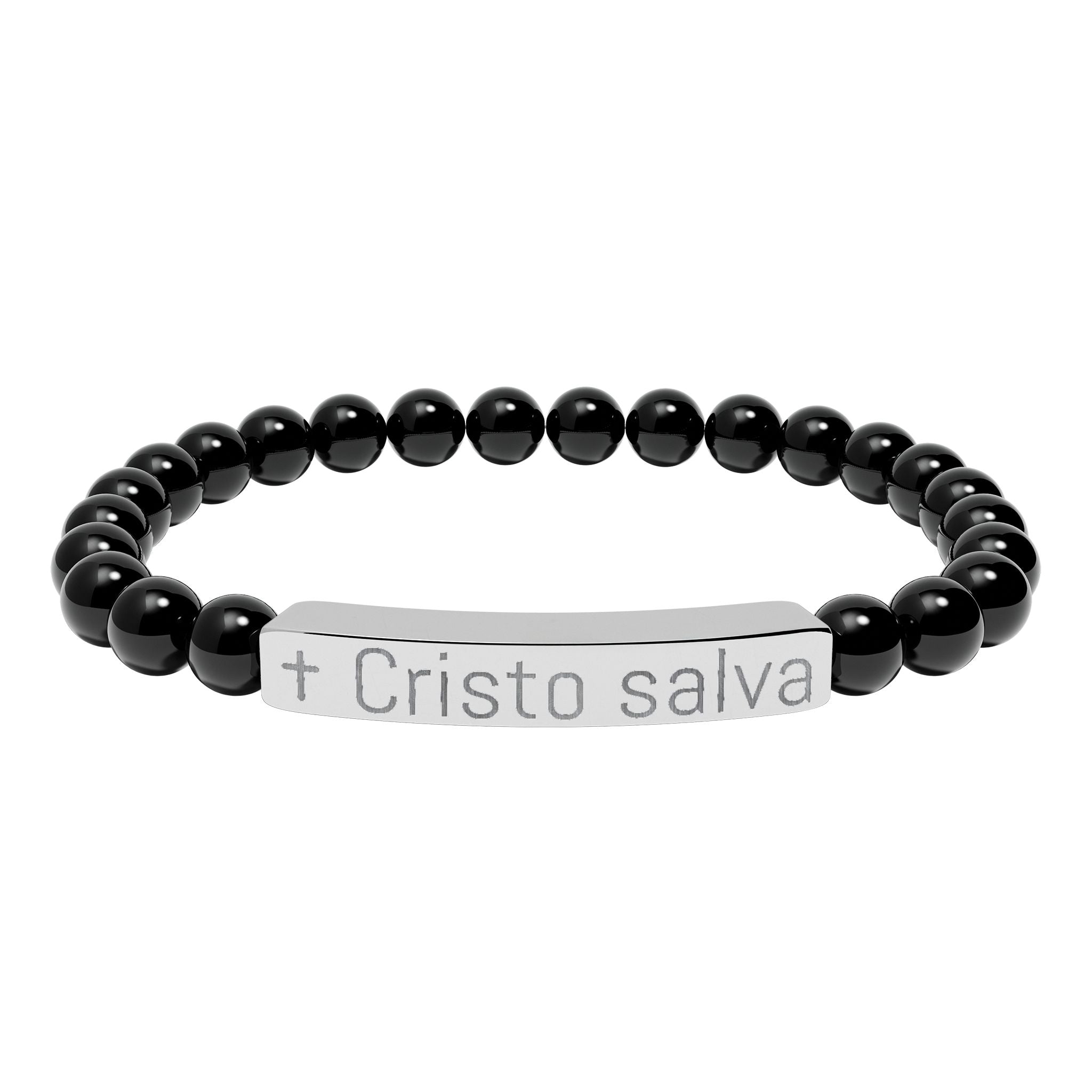 Engraved 'Cristo salva' Natural Stone Stretch Bracelet — Spiritual Beaded Bracelet