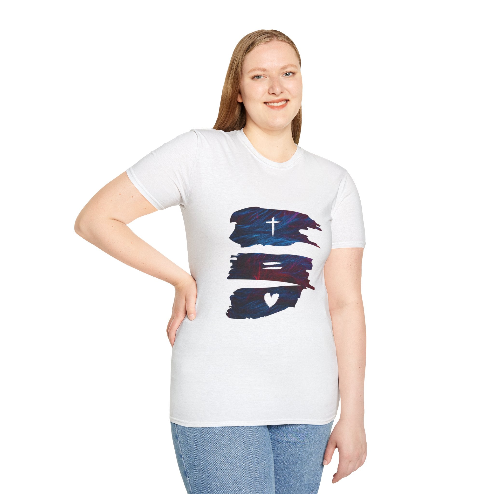 Cross, Equals, Heart shirt | Christian faith brushstroke design T-Shirt