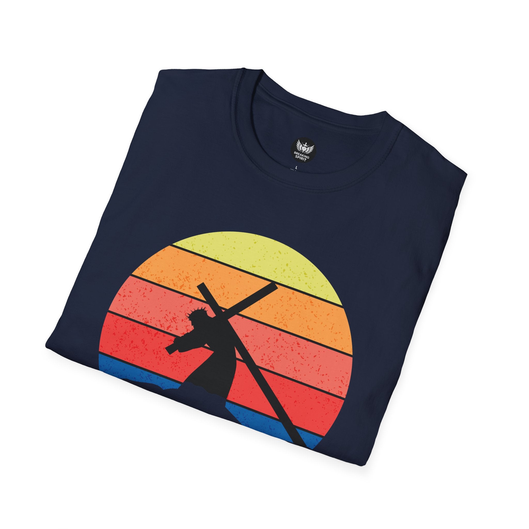 Jesus Saves Tee — Retro Sunset Cross Silhouette Christian T-Shirt