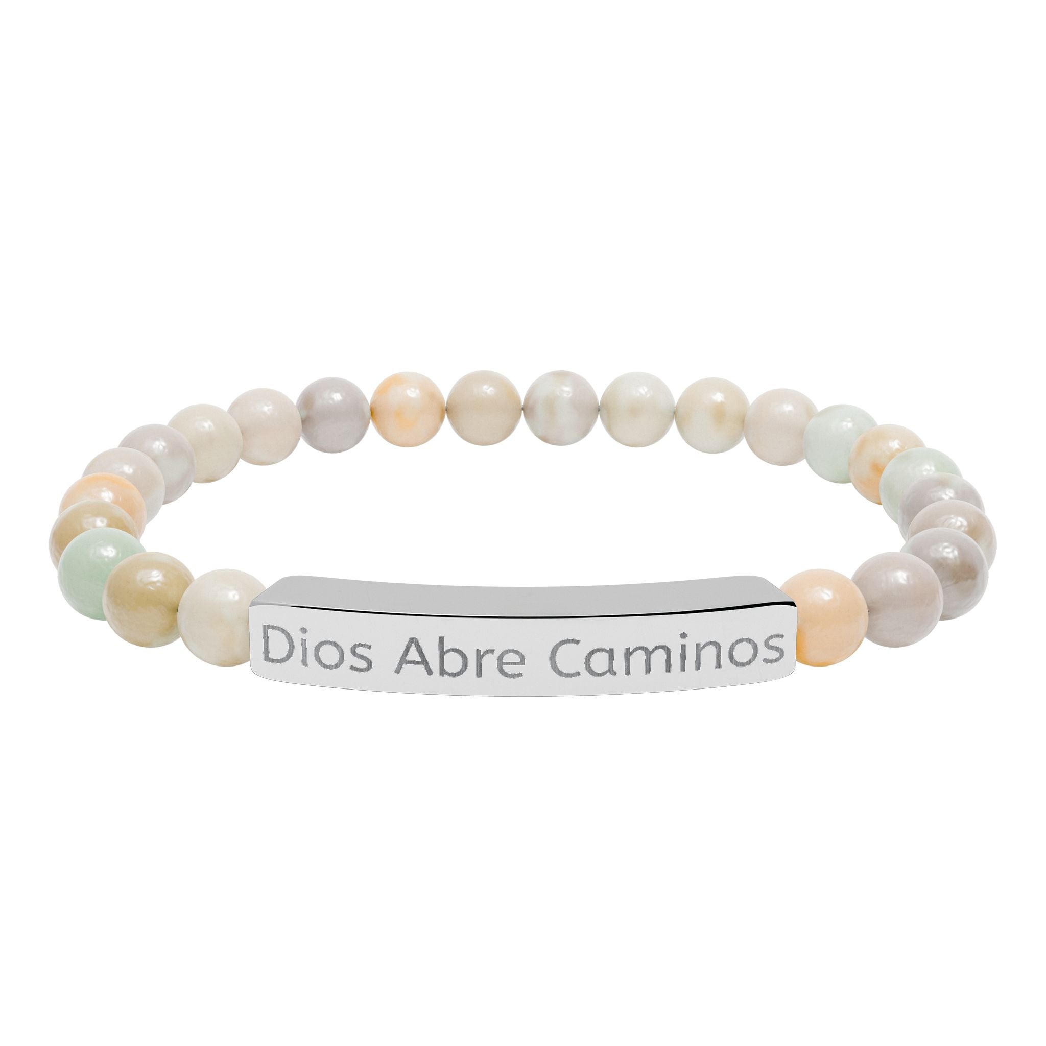 Engraved Natural Stone Stretch Bracelet — "Dios Abre Caminos" Inspirational Bar