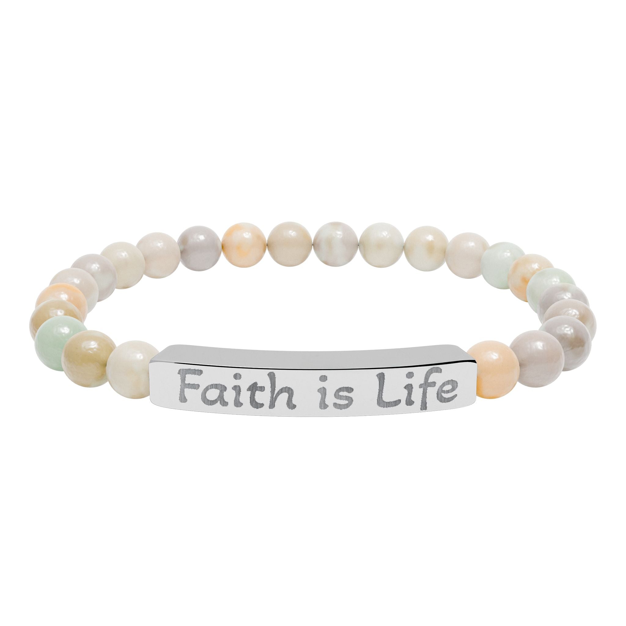 Faith is Life natural stone stretch bracelet | engraved bar bracelet