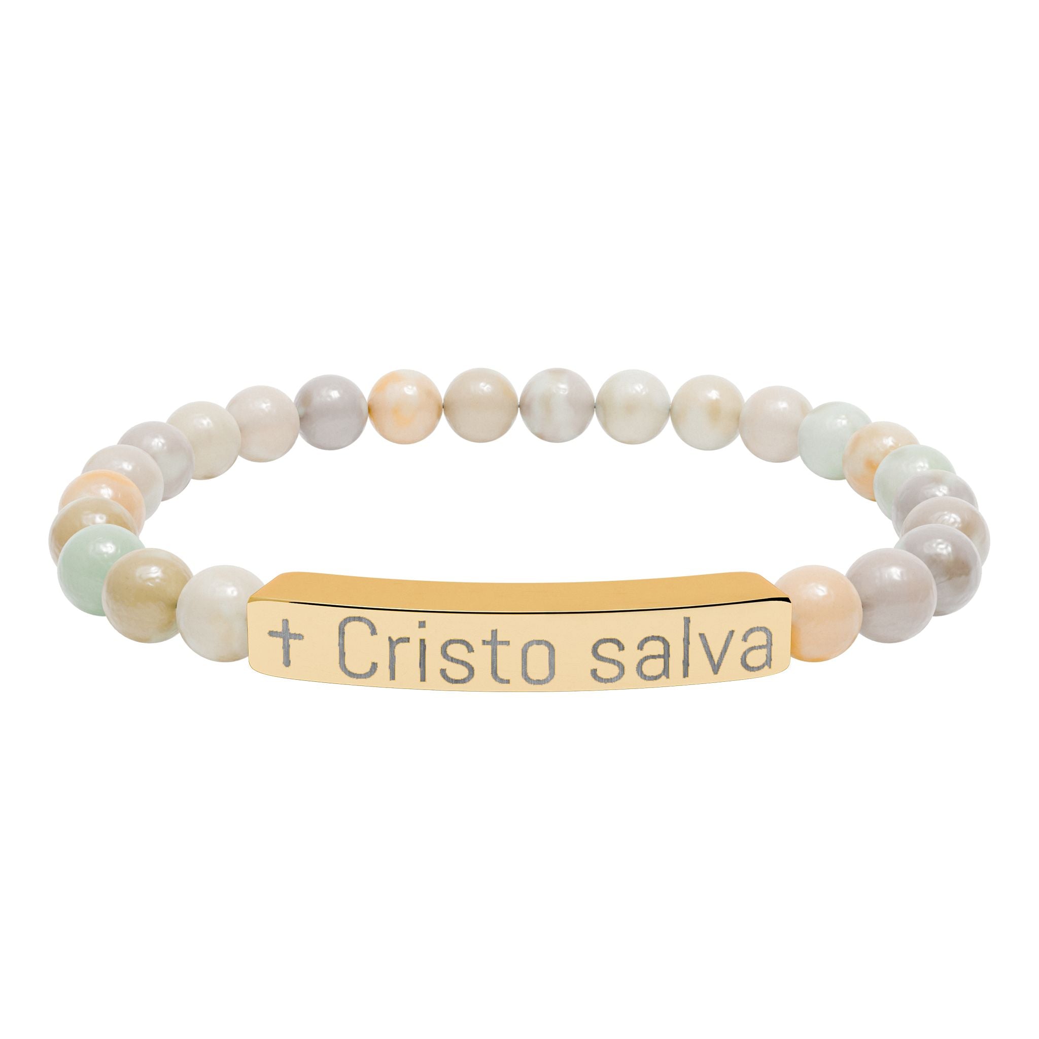 Engraved 'Cristo salva' Natural Stone Stretch Bracelet — Spiritual Beaded Bracelet