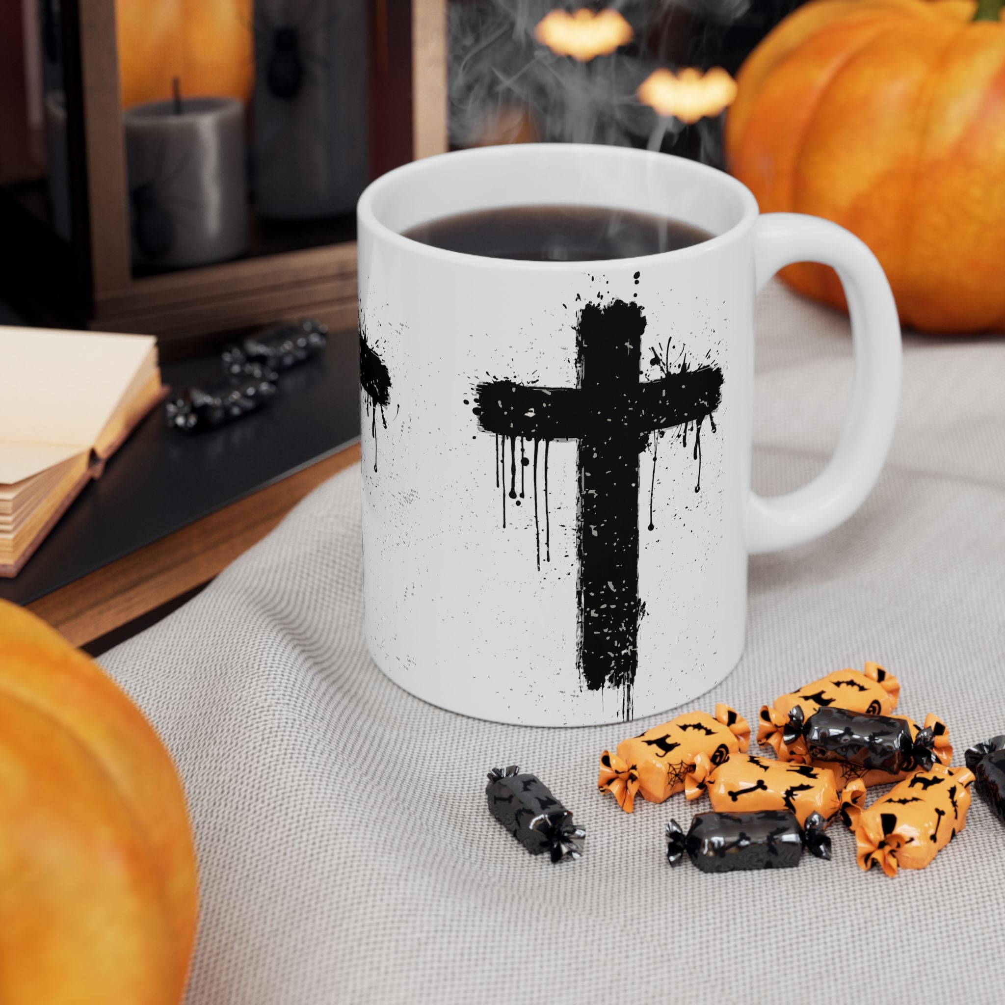Grunge Black Cross Ceramic Mug – Gothic Christian Coffee Cup (11oz/15oz)
