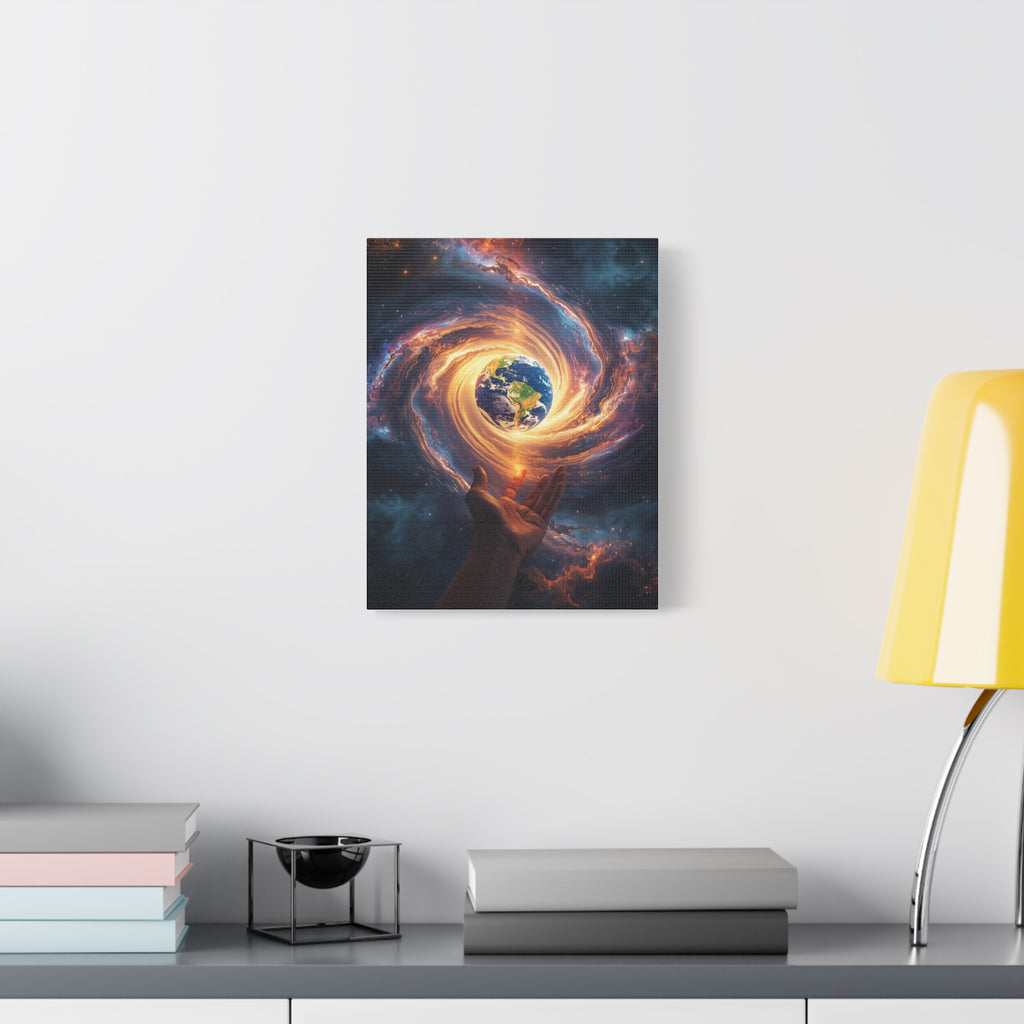 Cosmic Hands Earth Art Canvas — Surreal Galaxy Wall Decor