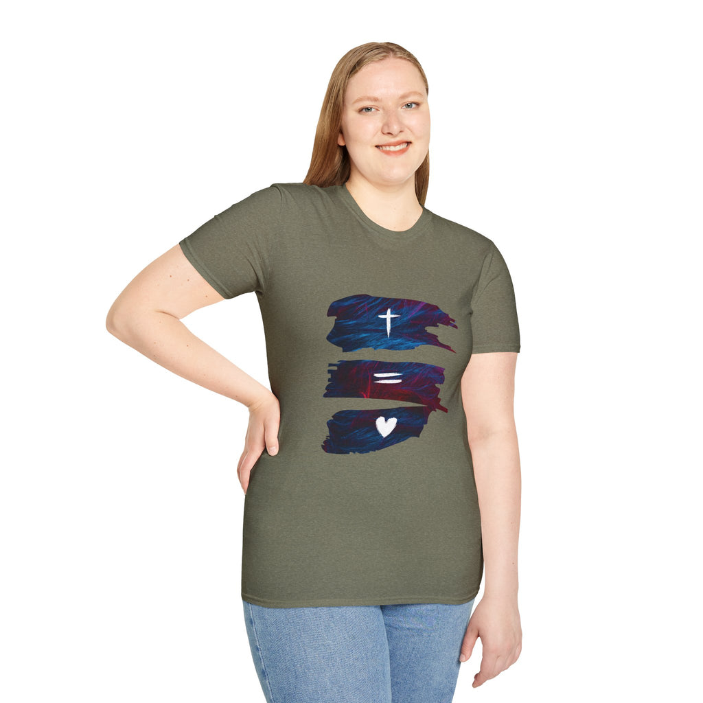 Cross, Equals, Heart shirt | Christian faith brushstroke design T-Shirt