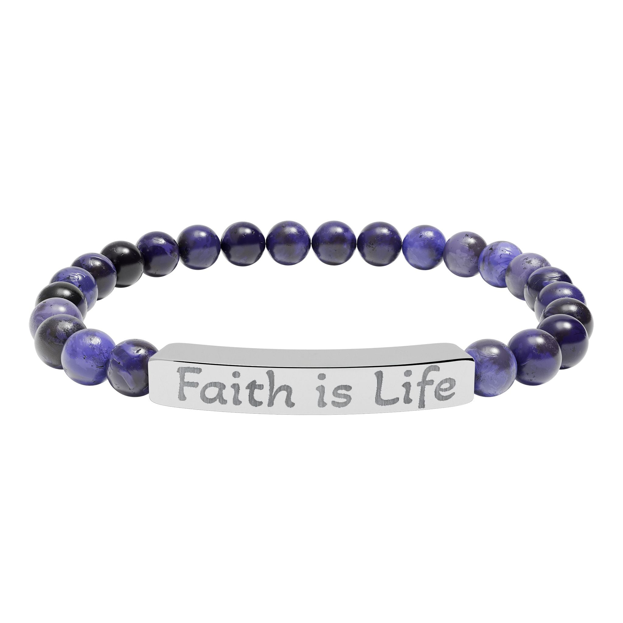 Faith is Life natural stone stretch bracelet | engraved bar bracelet
