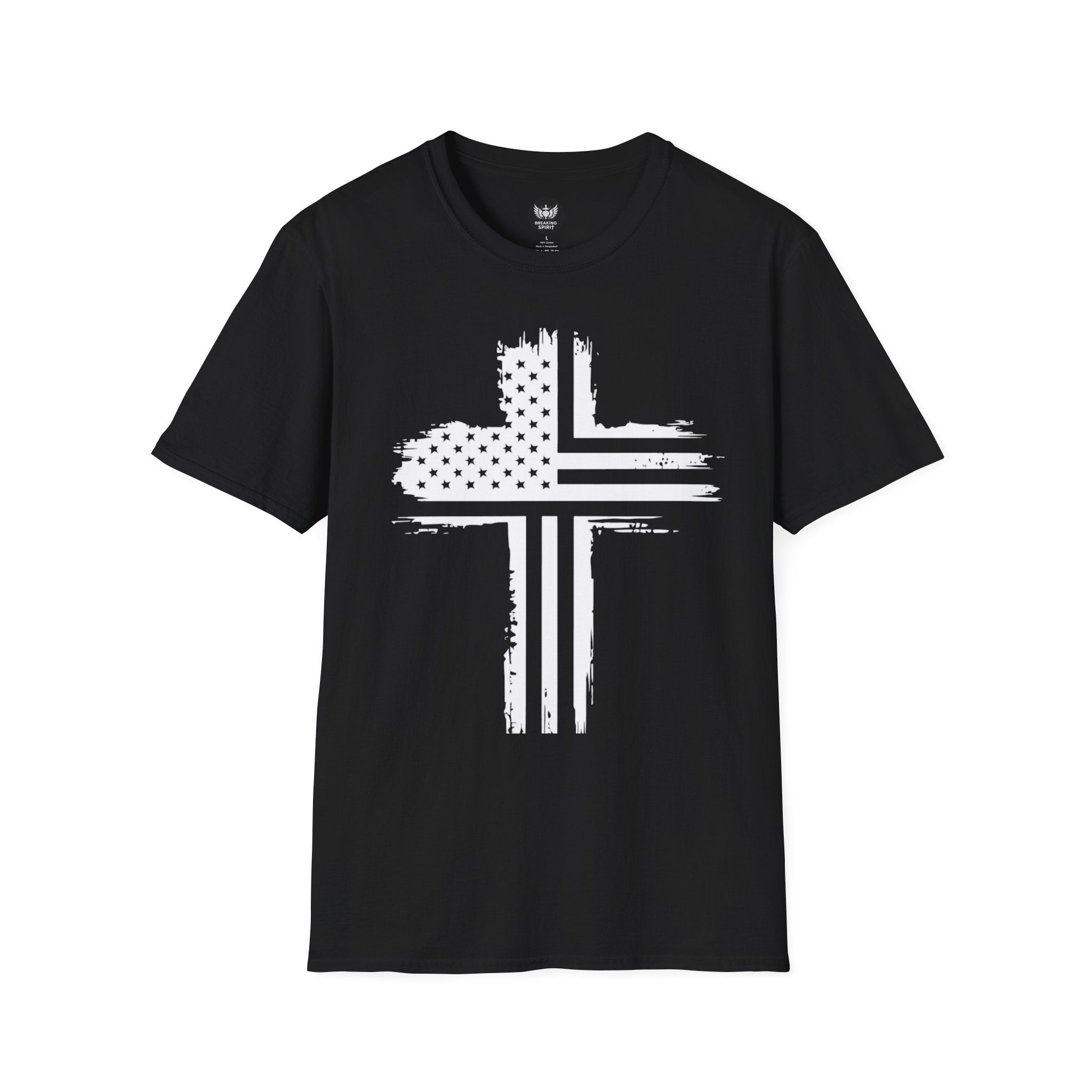 Patriotic Cross T-Shirt — Distressed American Flag Christian Tee