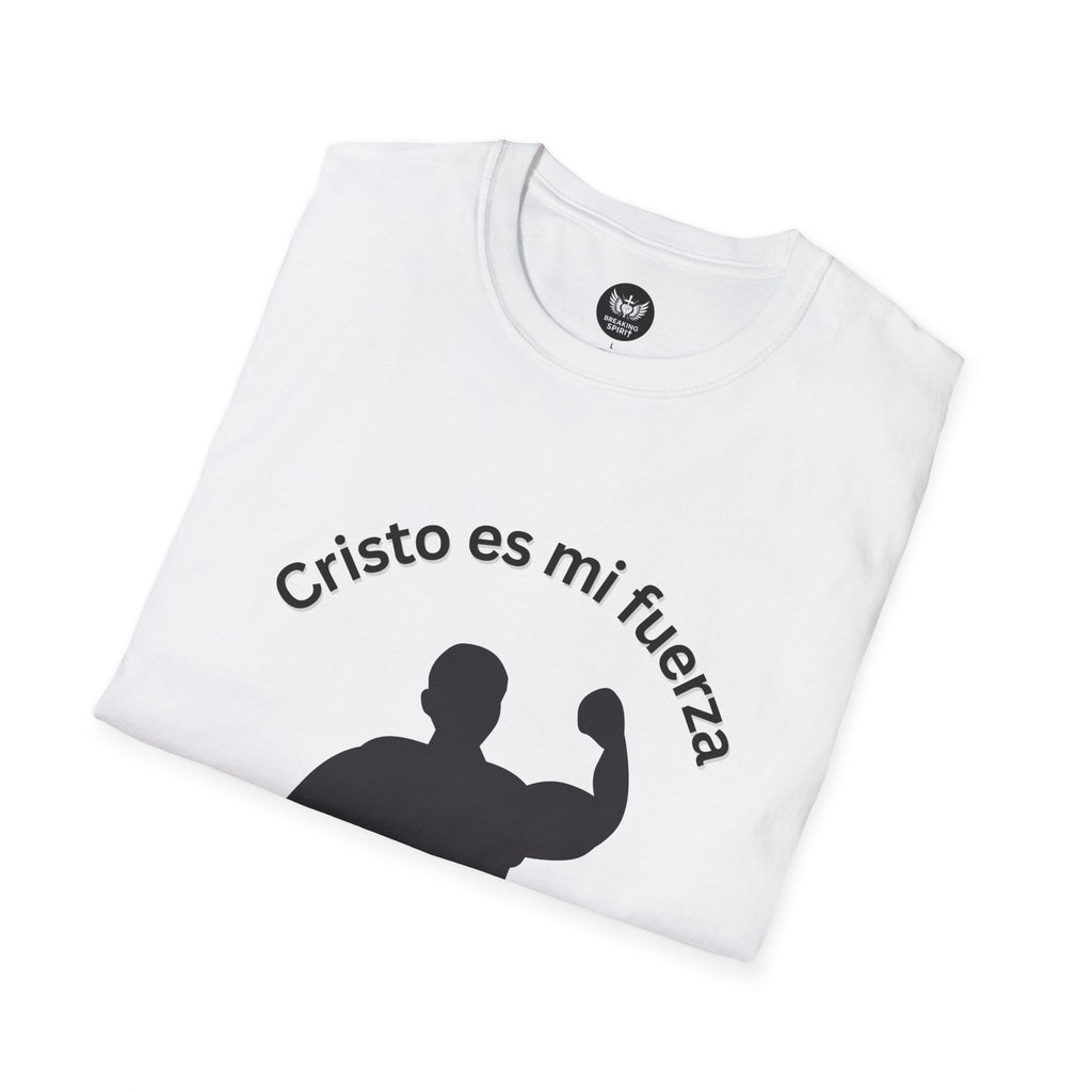 Camiseta Cristo Es Mi Fuerza — Camiseta cristiana en español con silueta de hombre fuerte