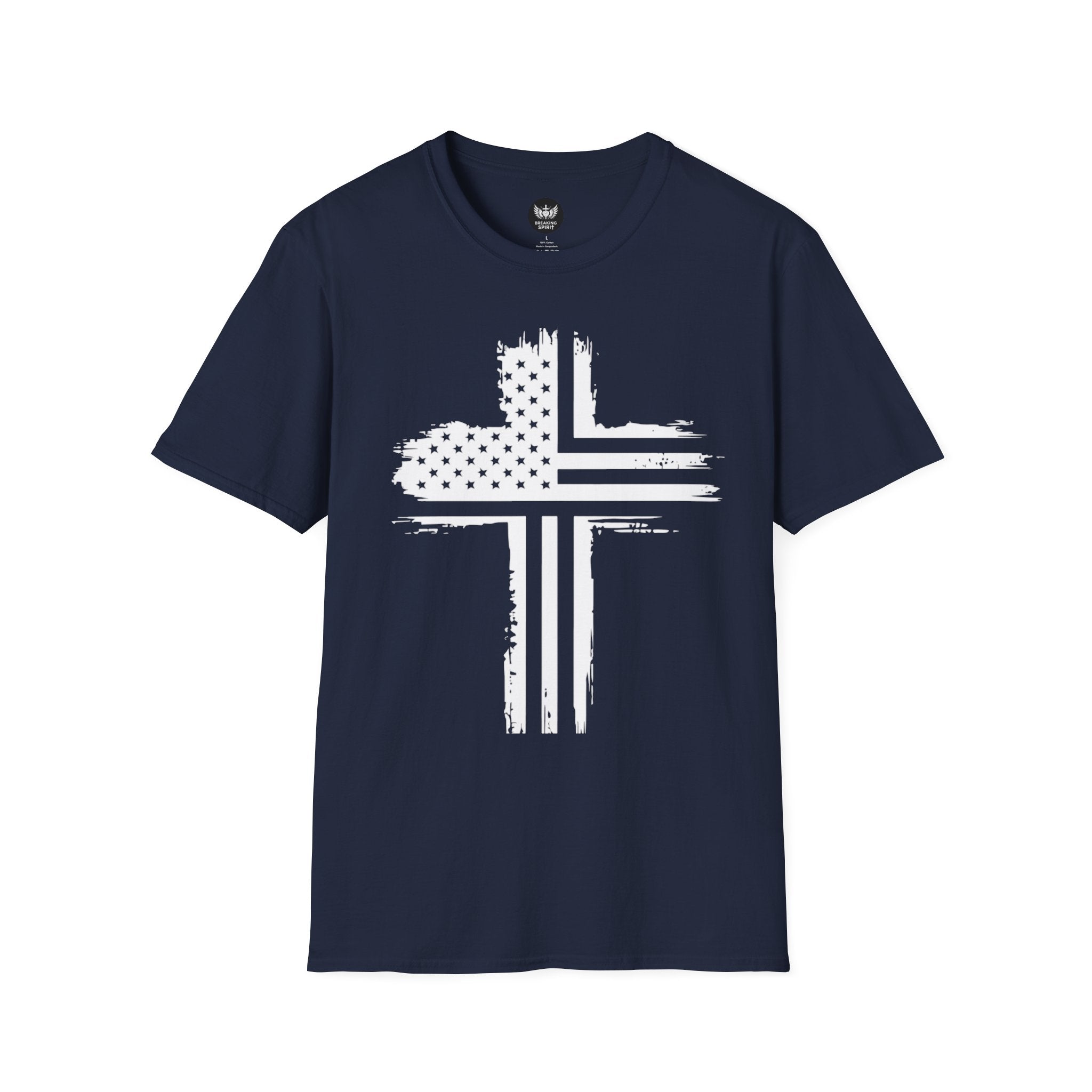 Patriotic Cross T-Shirt — Distressed American Flag Christian Tee