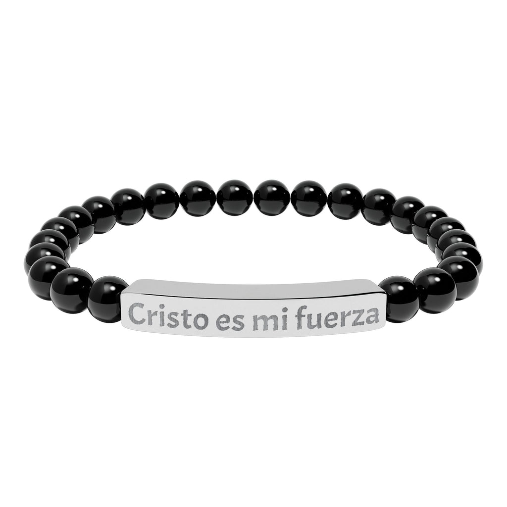 Pulsera elástica de piedra natural grabada — "Cristo es mi fuerza"