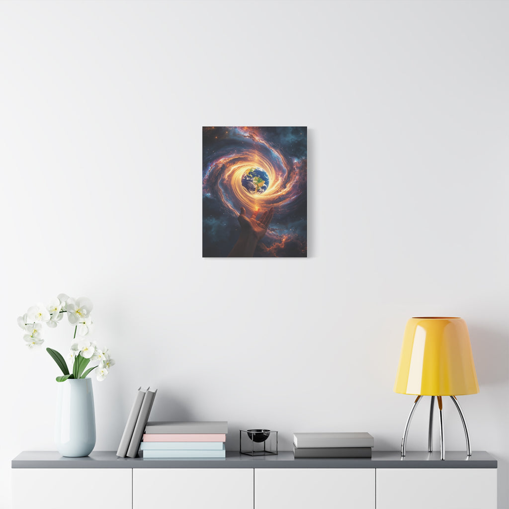 Cosmic Hands Earth Art Canvas — Surreal Galaxy Wall Decor
