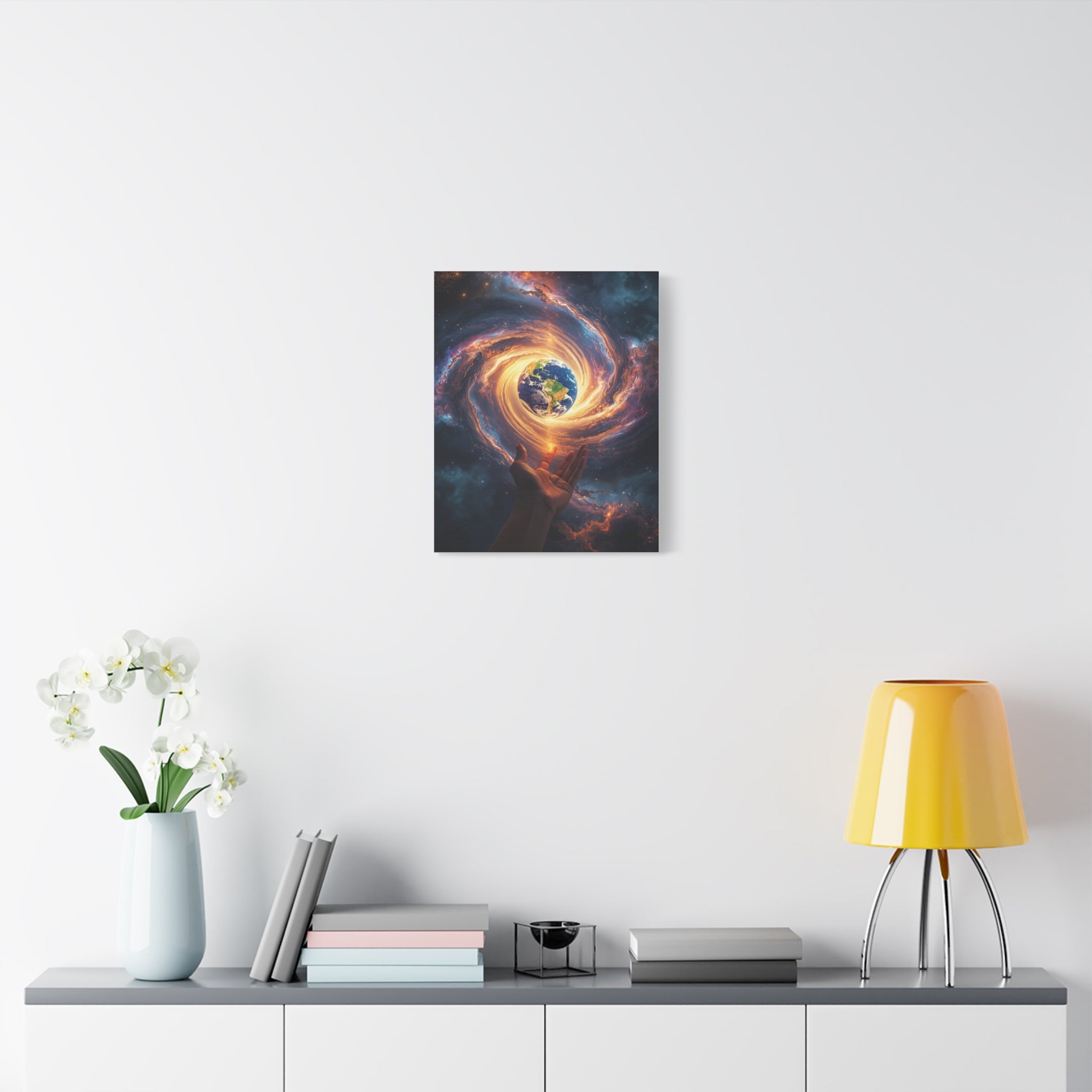 Cosmic Hands Earth Art Canvas — Surreal Galaxy Wall Decor
