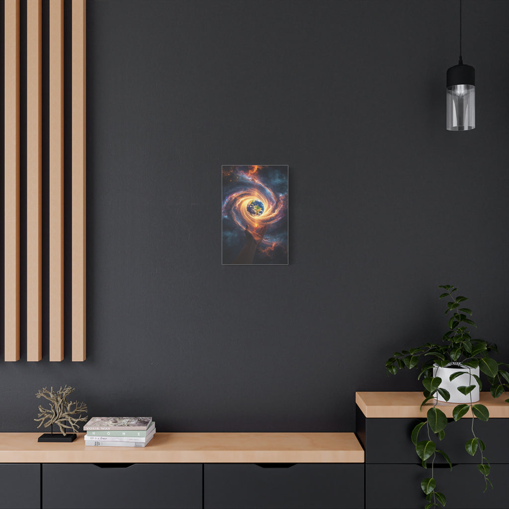 Cosmic Hands Earth Art Canvas — Surreal Galaxy Wall Decor