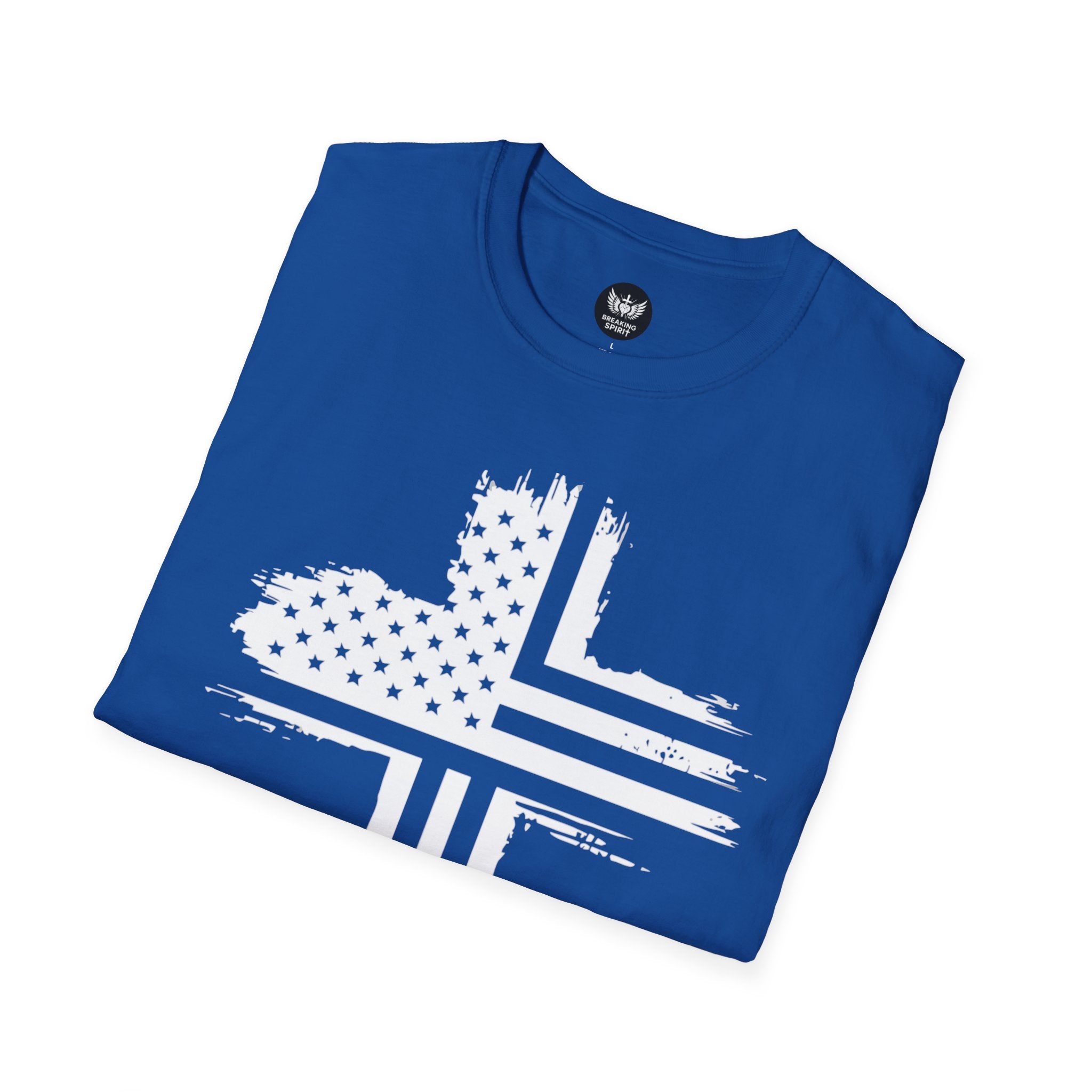 Patriotic Cross T-Shirt — Distressed American Flag Christian Tee