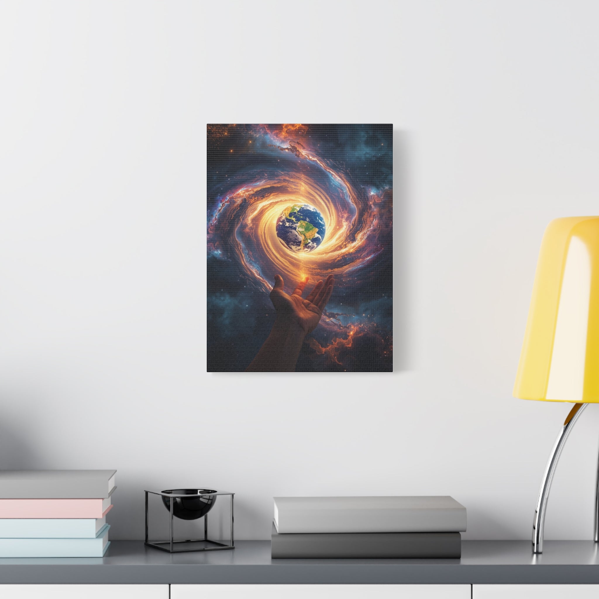 Cosmic Hands Earth Art Canvas — Surreal Galaxy Wall Decor