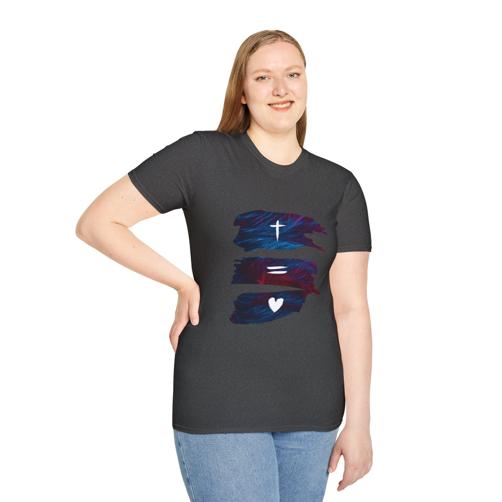 Cross, Equals, Heart shirt | Christian faith brushstroke design T-Shirt