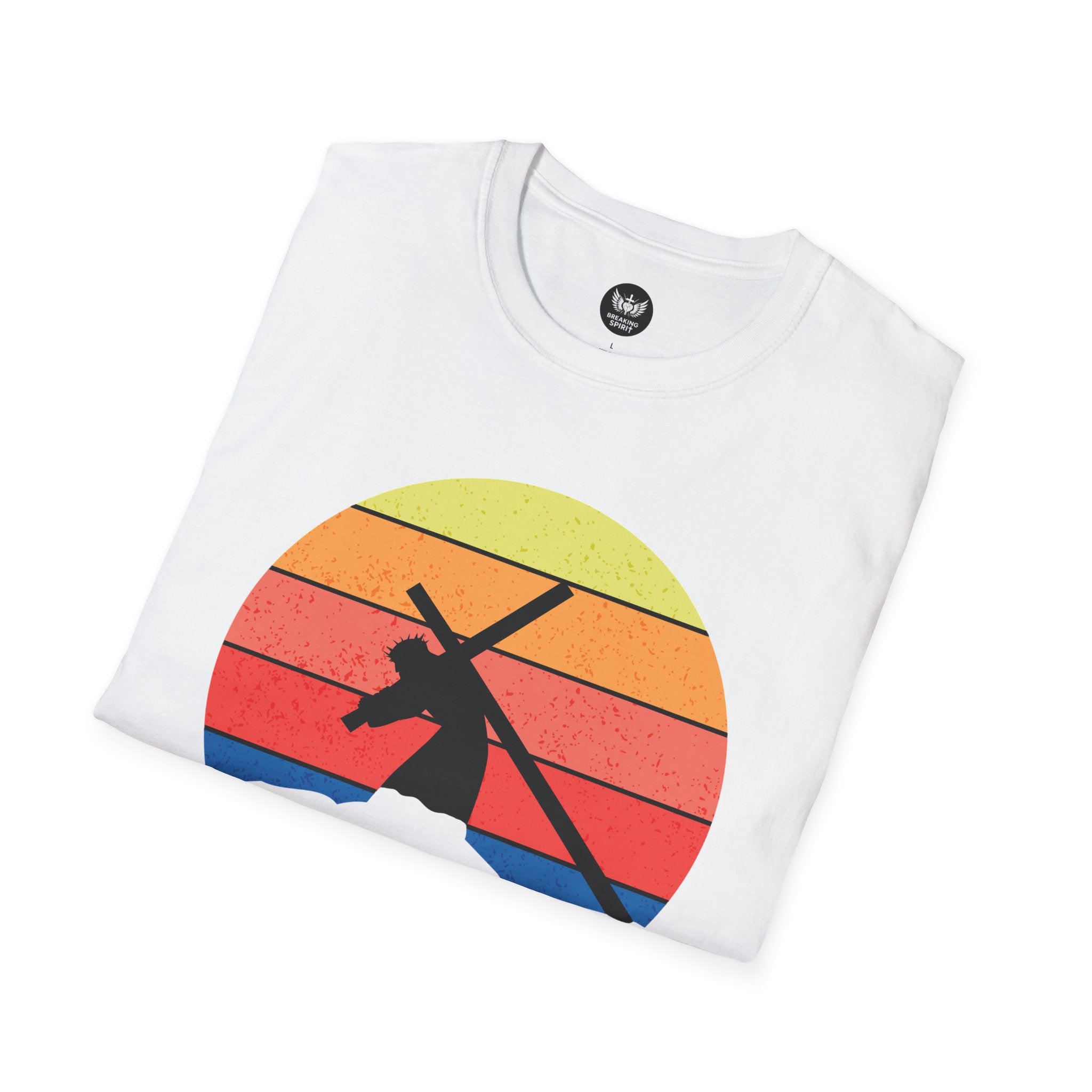Jesus Saves Tee — Retro Sunset Cross Silhouette Christian T-Shirt