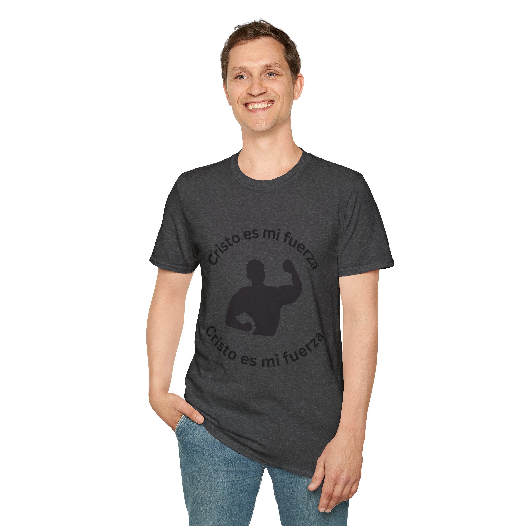 Camiseta Cristo Es Mi Fuerza — Camiseta cristiana en español con silueta de hombre fuerte