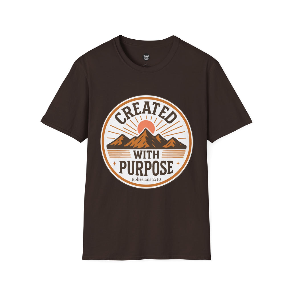Camiseta Creado con Propósito — Diseño de Montaña de Fe Cristiana (Efesios 2:10)