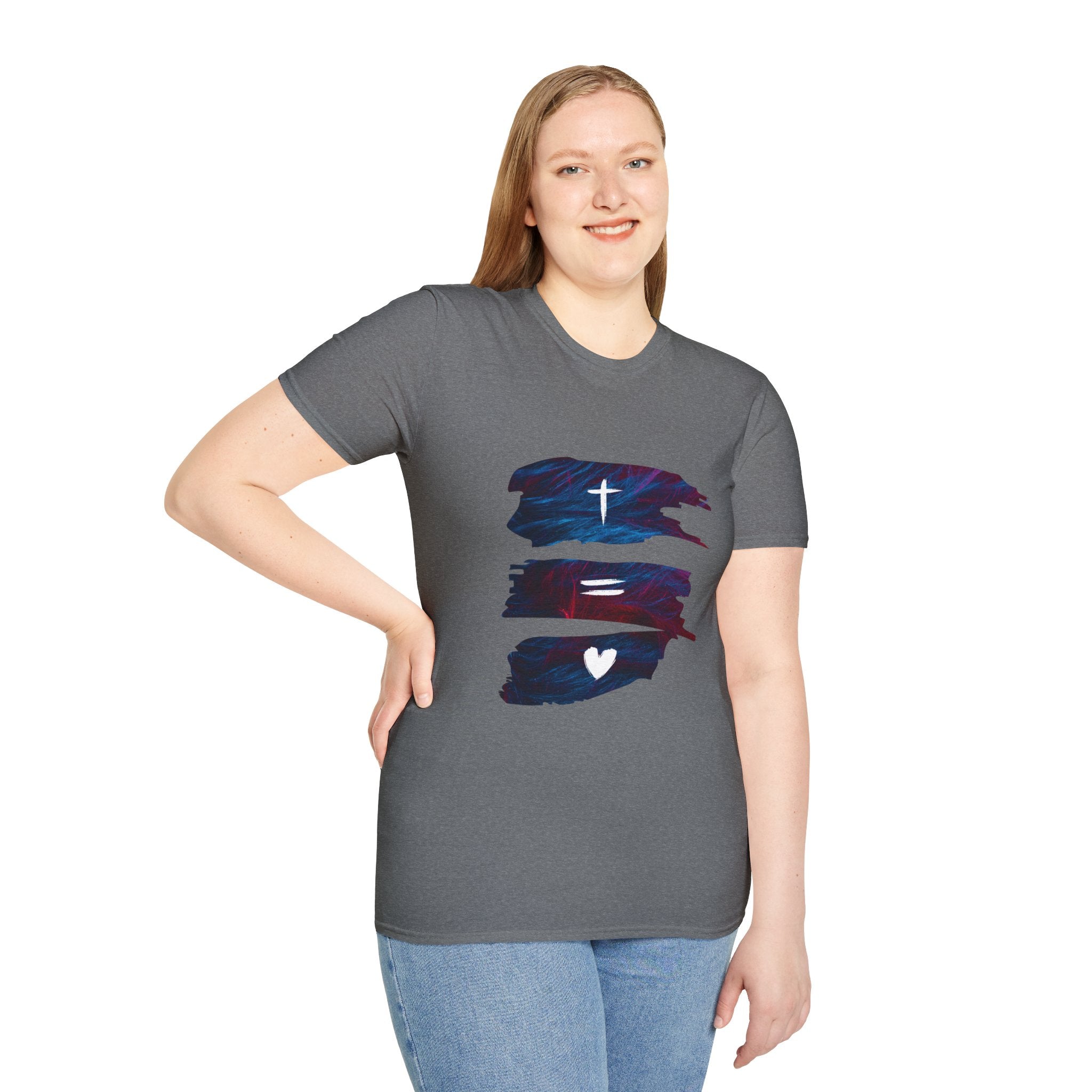 Cross, Equals, Heart shirt | Christian faith brushstroke design T-Shirt