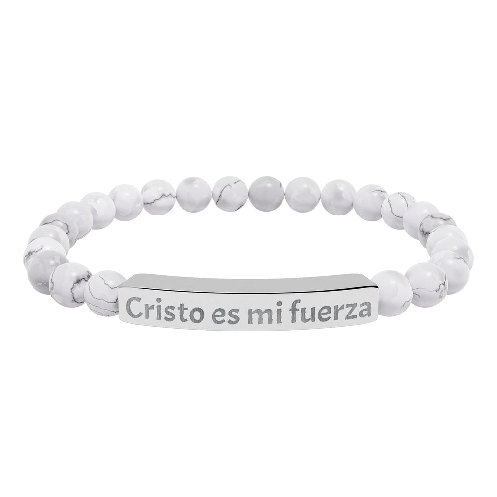 Pulsera elástica de piedra natural grabada — "Cristo es mi fuerza"