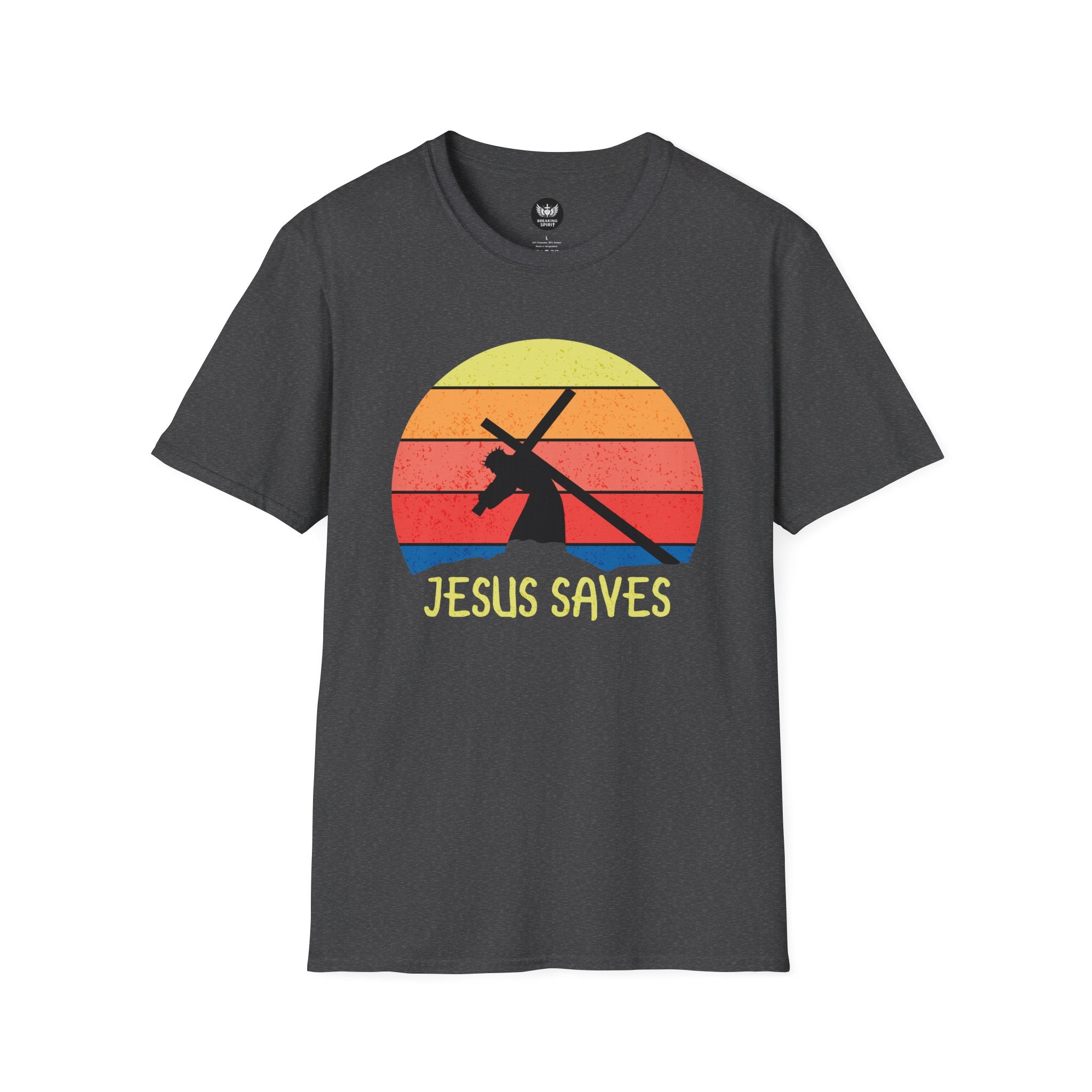 Jesus Saves Tee — Retro Sunset Cross Silhouette Christian T-Shirt
