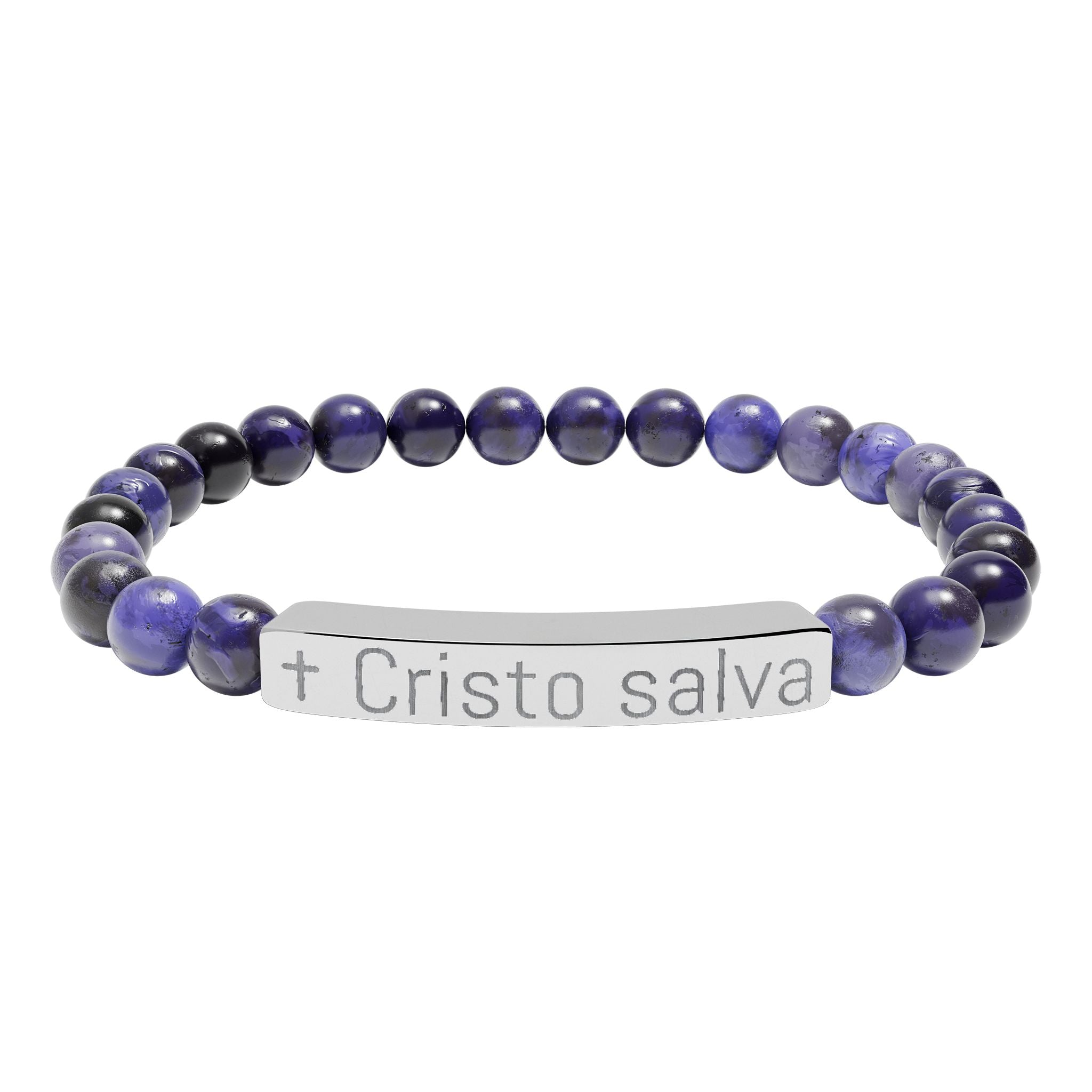 Engraved 'Cristo salva' Natural Stone Stretch Bracelet — Spiritual Beaded Bracelet