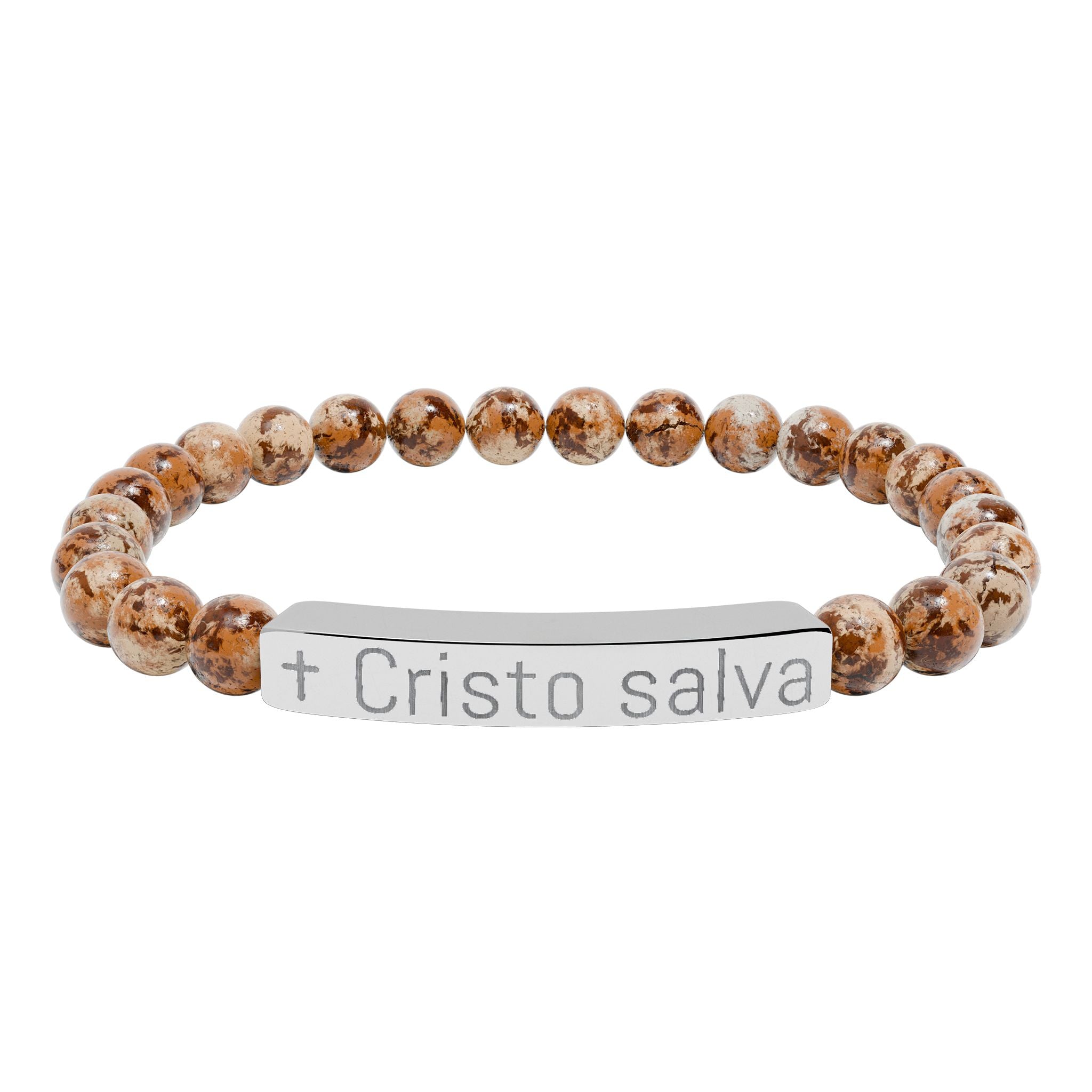 Engraved 'Cristo salva' Natural Stone Stretch Bracelet — Spiritual Beaded Bracelet