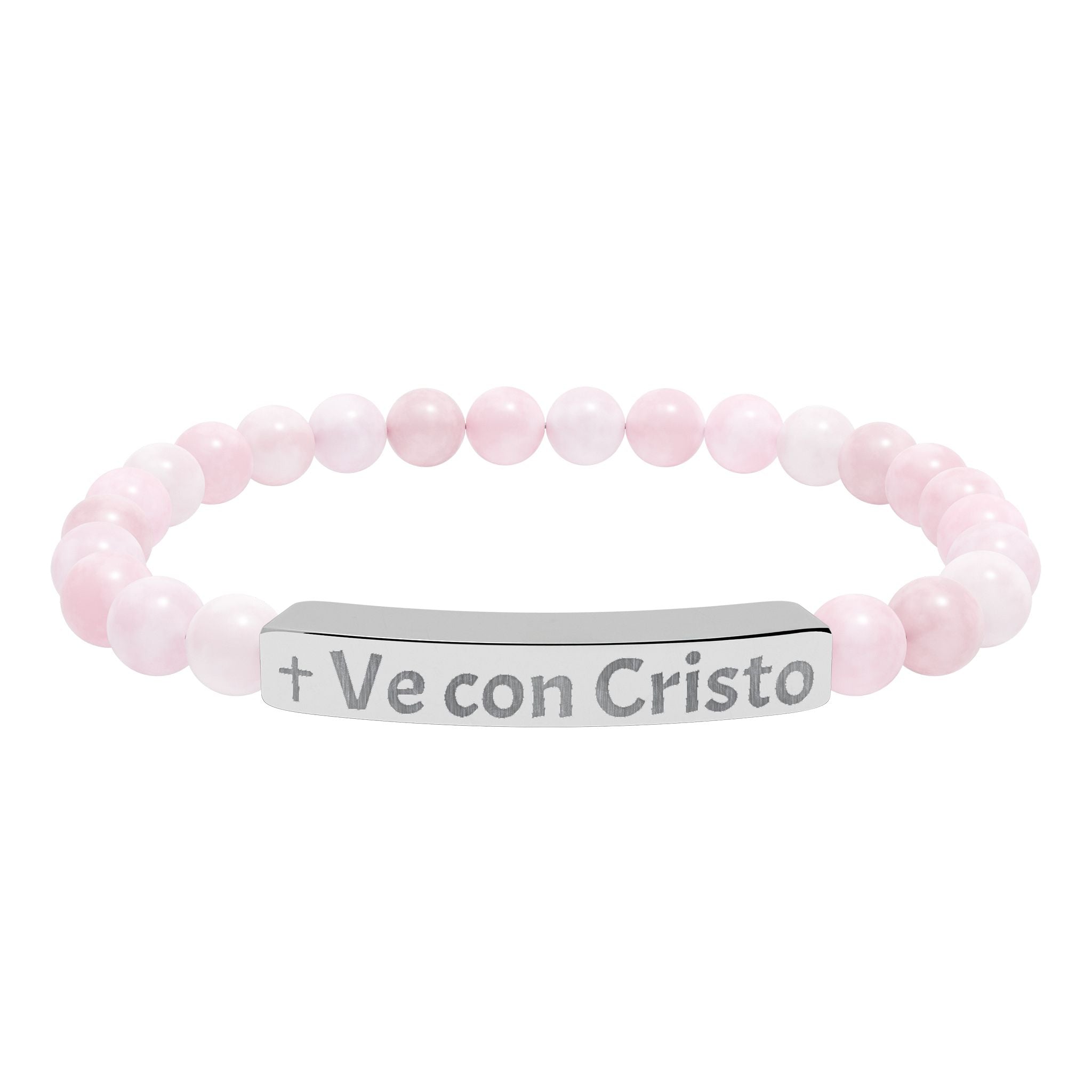 Engraved Natural Stone Bar Bracelet — "Ve con Cristo" Spiritual Beaded Bracelet