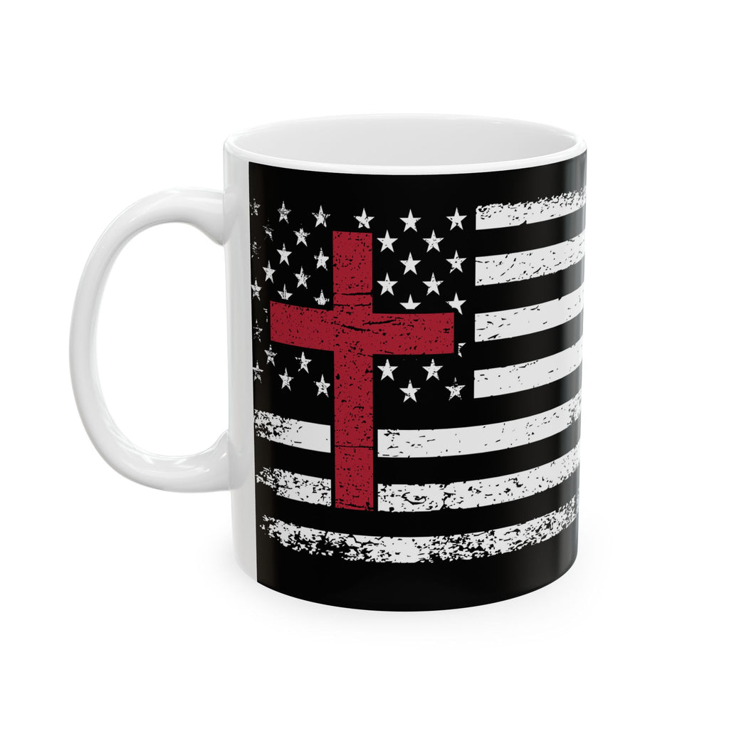 Christian American Flag Mug — Distressed Black & White Flag with Red Cross (11oz, 15oz)