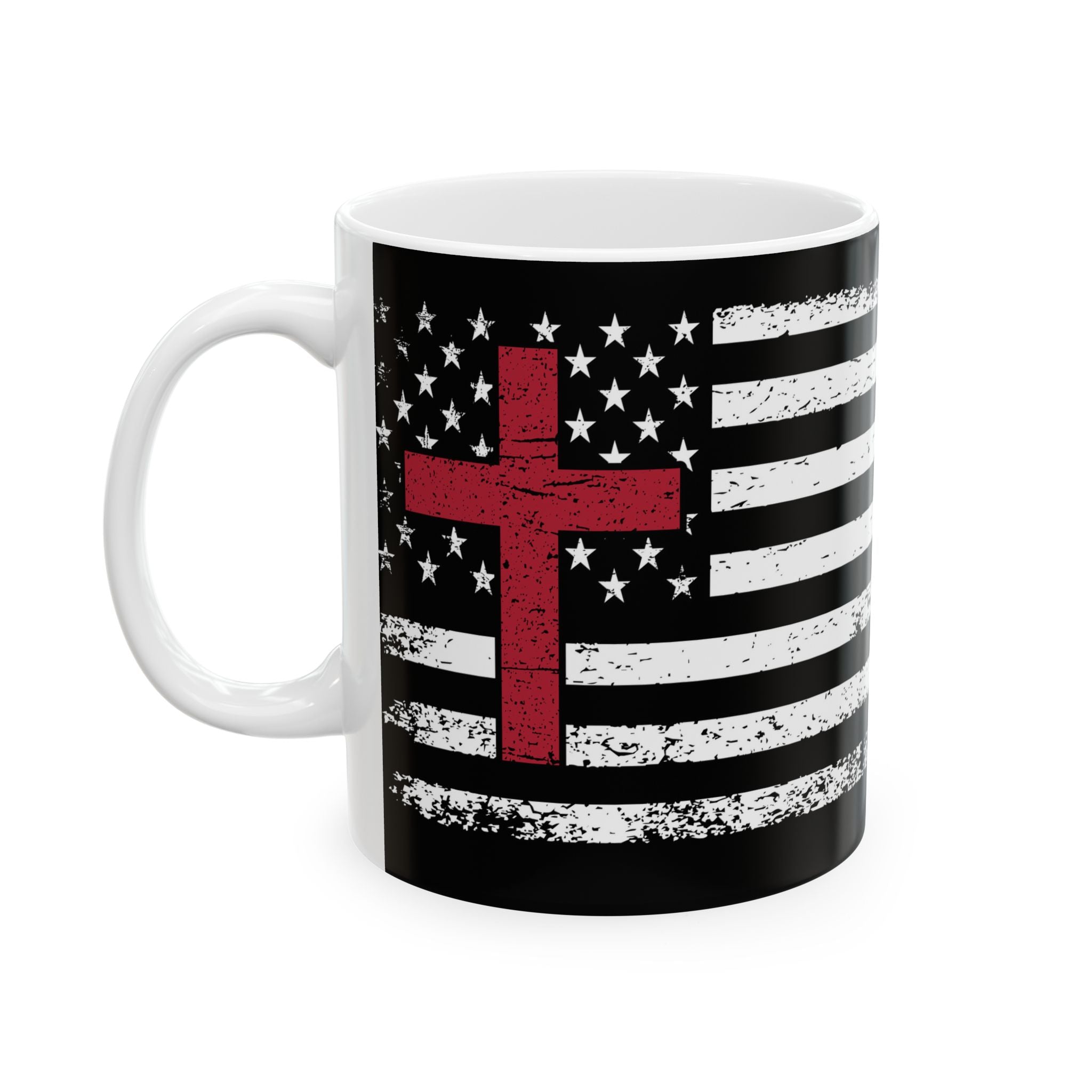 Christian American Flag Mug — Distressed Black & White Flag with Red Cross (11oz, 15oz)