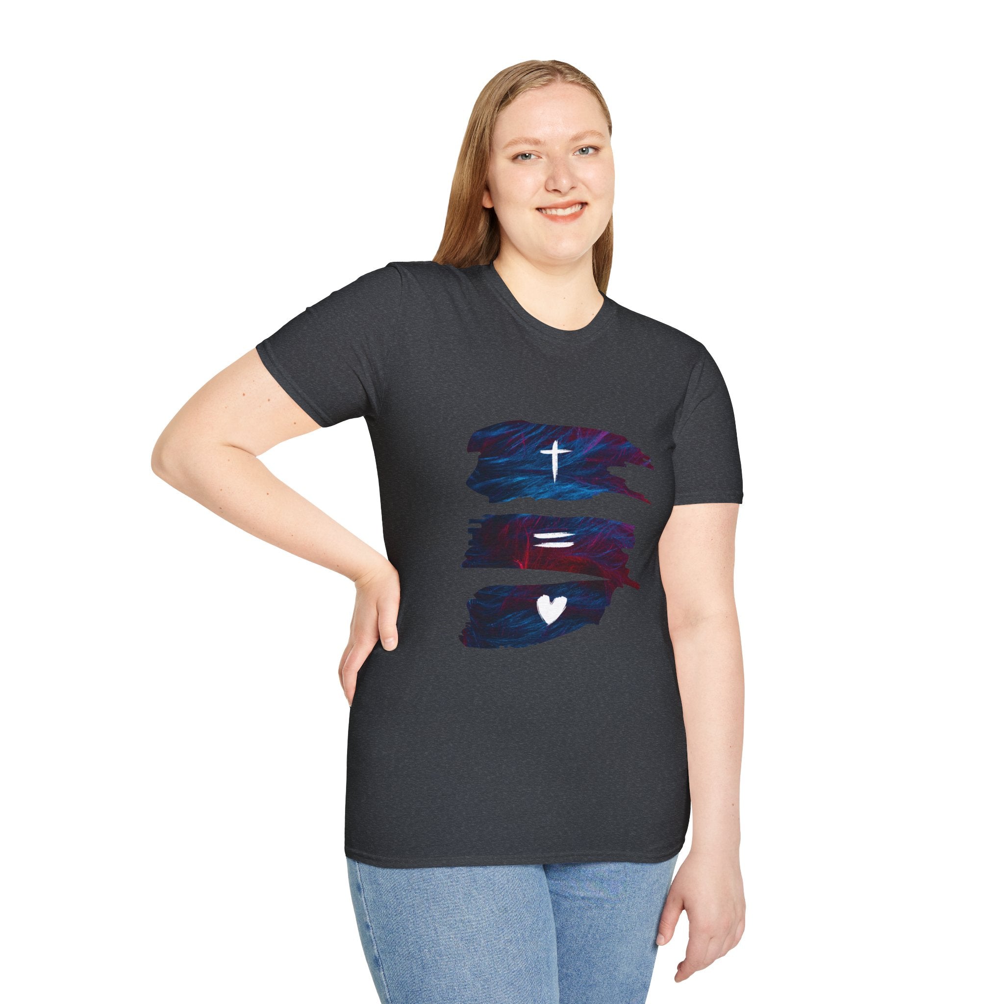 Cross, Equals, Heart shirt | Christian faith brushstroke design T-Shirt