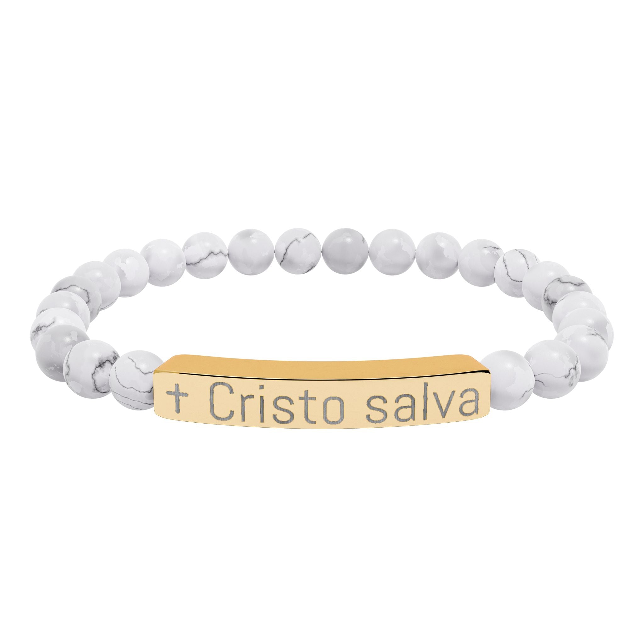 Engraved 'Cristo salva' Natural Stone Stretch Bracelet — Spiritual Beaded Bracelet