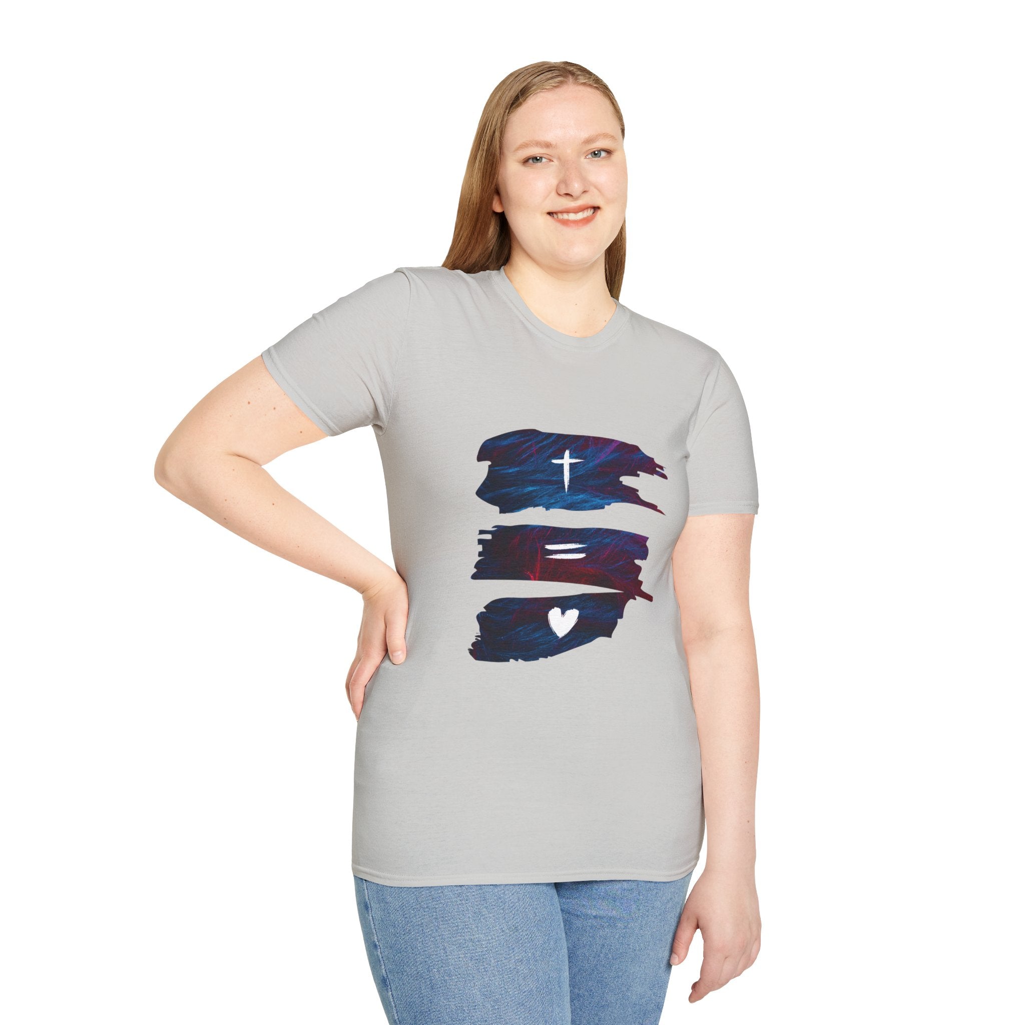Cross, Equals, Heart shirt | Christian faith brushstroke design T-Shirt