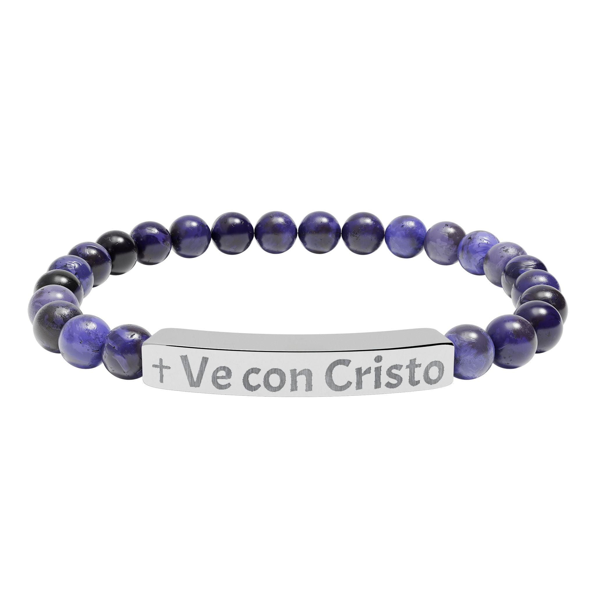 Engraved Natural Stone Bar Bracelet — "Ve con Cristo" Spiritual Beaded Bracelet