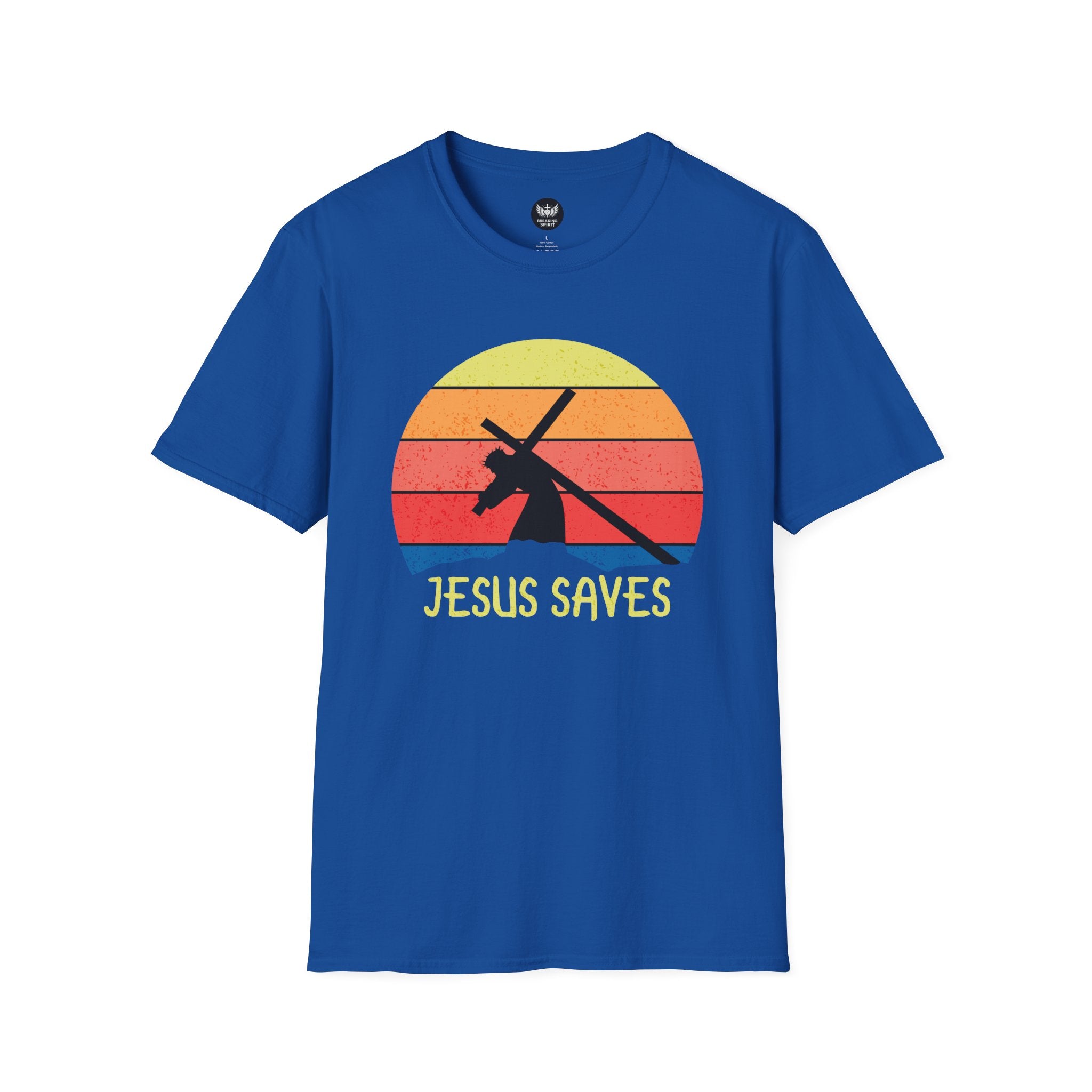 Jesus Saves Tee — Retro Sunset Cross Silhouette Christian T-Shirt