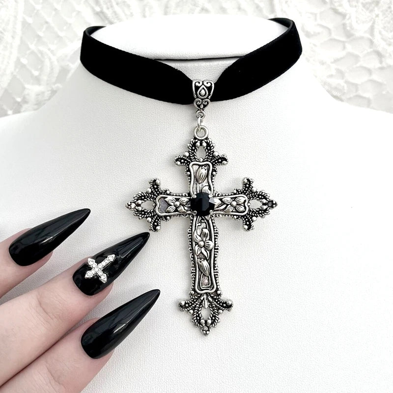 Vintage Gothic Large Cross Black Velvet Choker Ornate Cross Black Velvet  Grunge Choker Gift for Her
