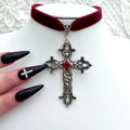 Vintage Gothic Large Cross Black Velvet Choker Ornate Cross Black Velvet  Grunge Choker Gift for Her