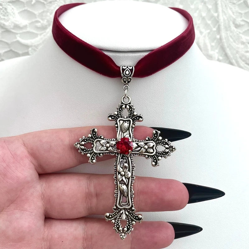 Vintage Gothic Large Cross Black Velvet Choker Ornate Cross Black Velvet  Grunge Choker Gift for Her