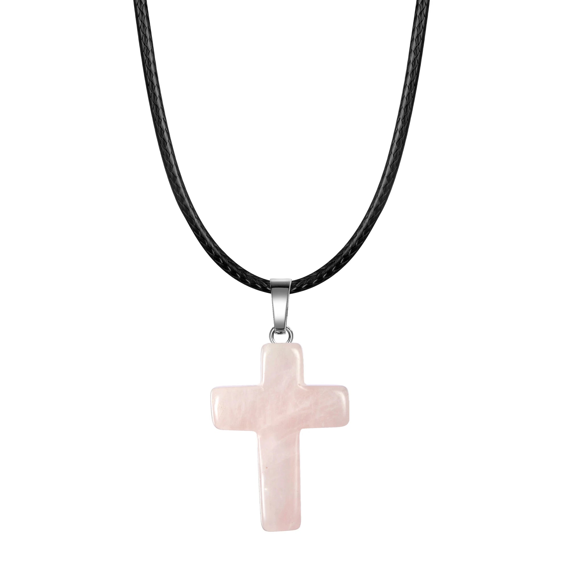 Natural Stone Cross Pendant Necklace Women Men 18inch Black Leather Cord Custom Crystal Choker Chakra Jewelry Findings