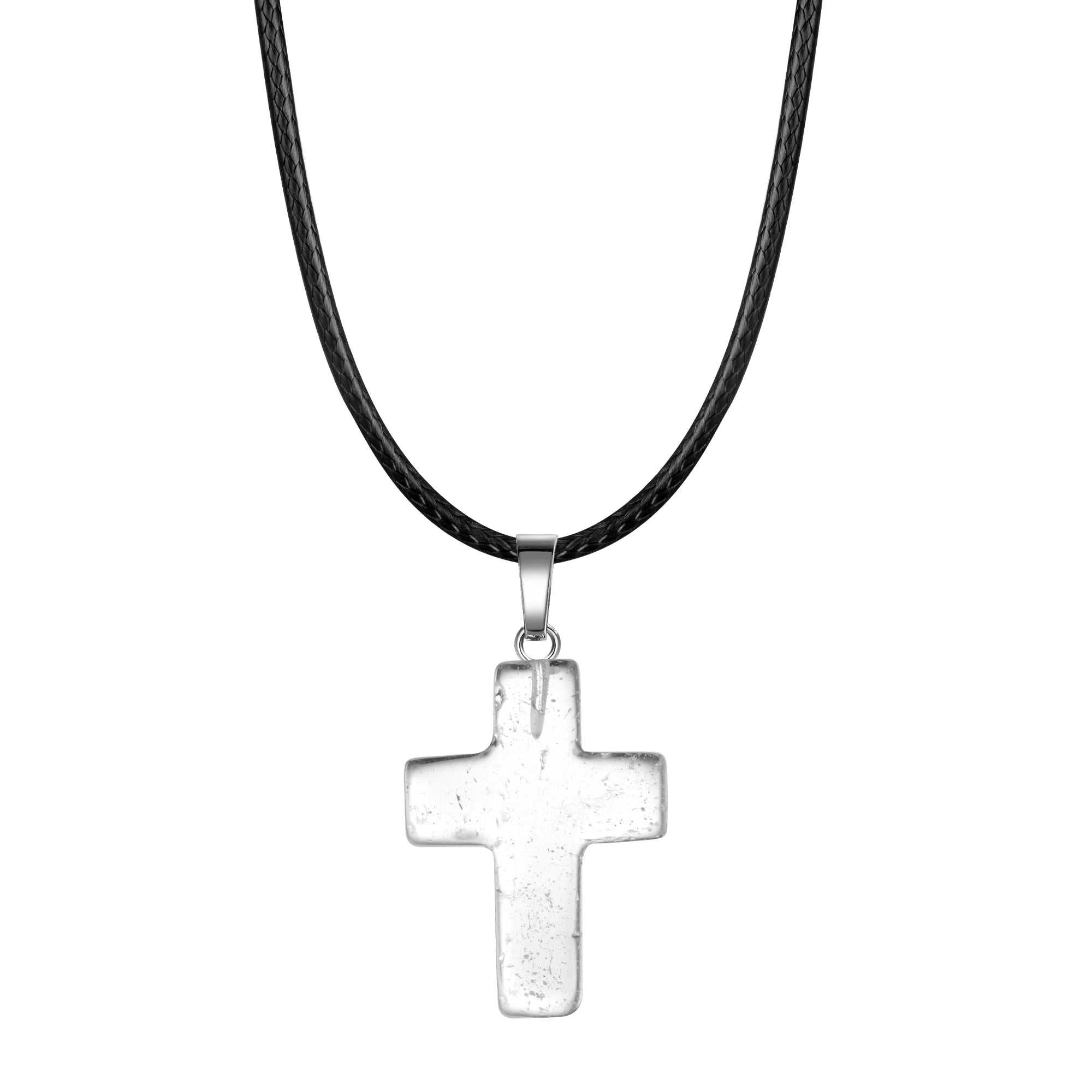 Natural Stone Cross Pendant Necklace Women Men 18inch Black Leather Cord Custom Crystal Choker Chakra Jewelry Findings