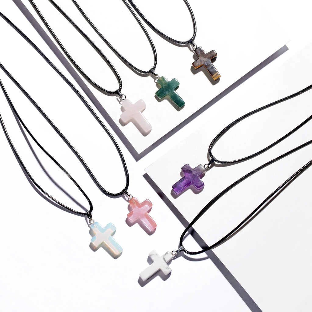 Natural Stone Cross Pendant Necklace Women Men 18inch Black Leather Cord Custom Crystal Choker Chakra Jewelry Findings