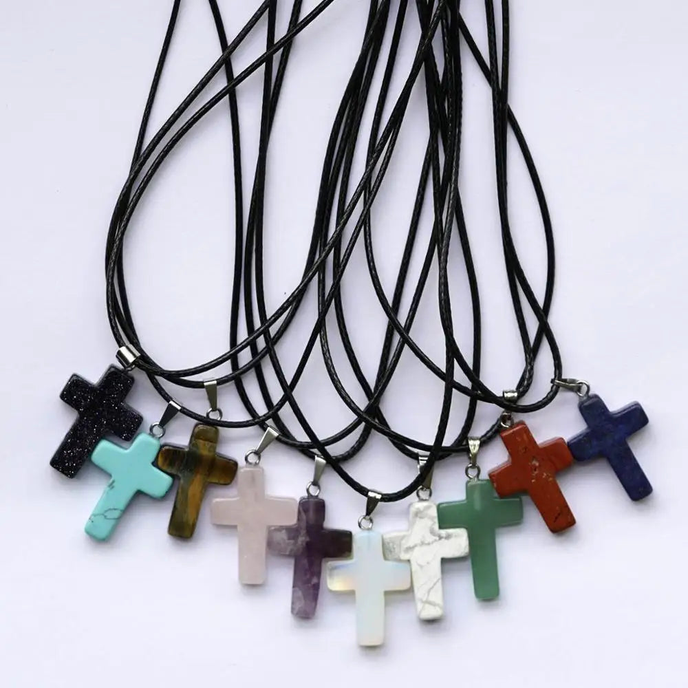 Natural Stone Cross Pendant Necklace Women Men 18inch Black Leather Cord Custom Crystal Choker Chakra Jewelry Findings